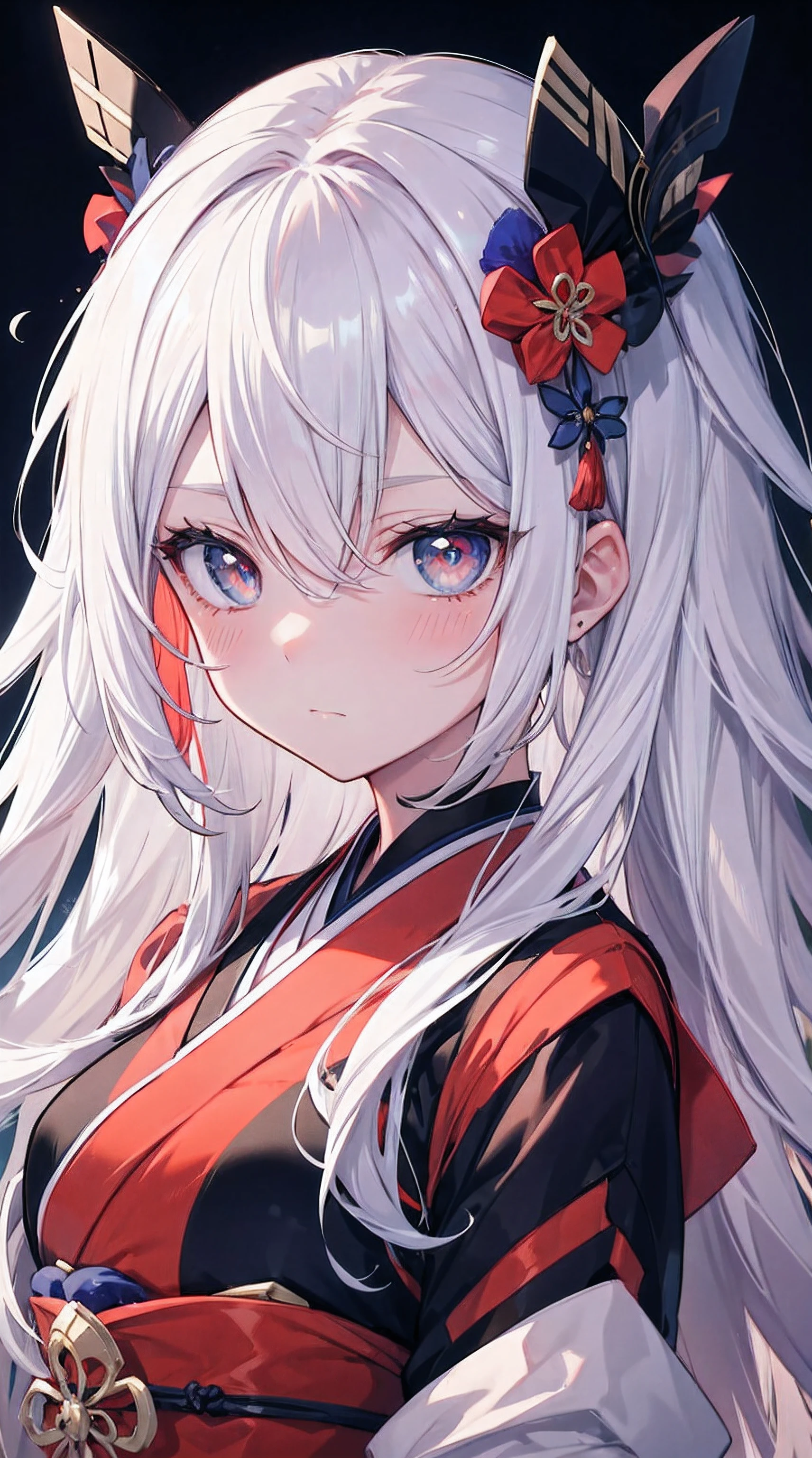 [(Best quality at best:1.2), ultra - detailed, (vivd colour:1.1), (Japanese cartoon:1.1), (sportrait:1.1), bright color eyes, Multicolored eyes, Colored Contact Lenses, shyexpression, Be red in the face, Bright pupils, Frontal view, hyper HD, tmasterpiece, Anatomically correct, ctextured skin, 超詳細, high detal, high qulity, geisha hairstyle, Mid-length model, Tsundere, face expressionless, Curvy body, big breasts thin waist, hairpin, lindo cenario]