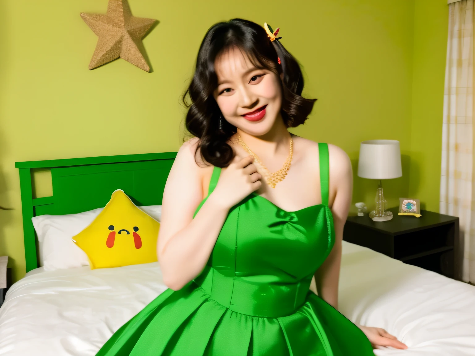 there is a woman that is standing in a bedroom with a green dress, bbwchan, shikamimi, sie boob, she is smiling and excited, ruan cute vtuber, 😭 🤮 💕 🎀, she is smiling, thicc, 1 8 yo, cl, 3 0 years old woman, 30 years old woman, an asian woman