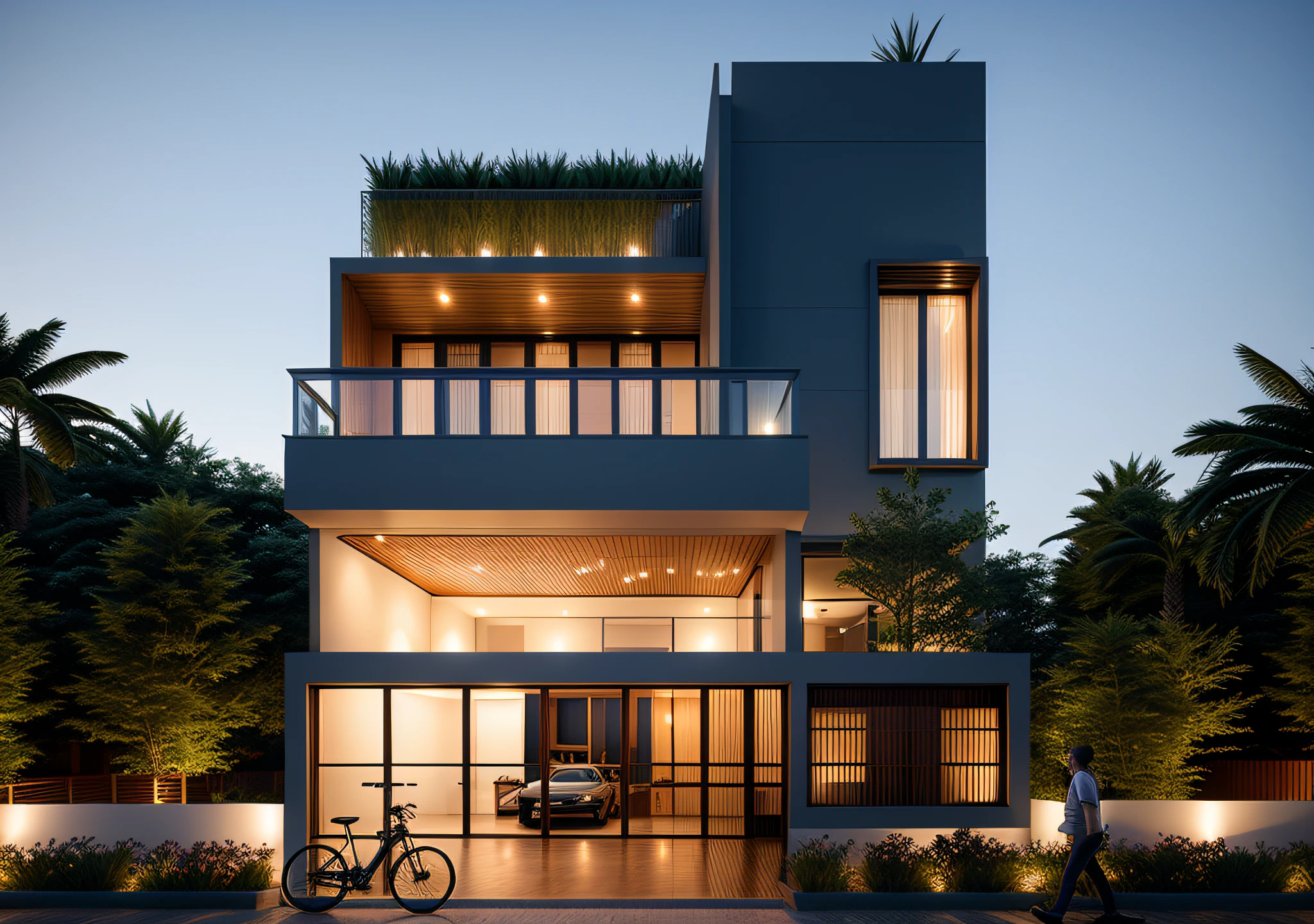 Exterior, morden house, dynamic light, curve linear