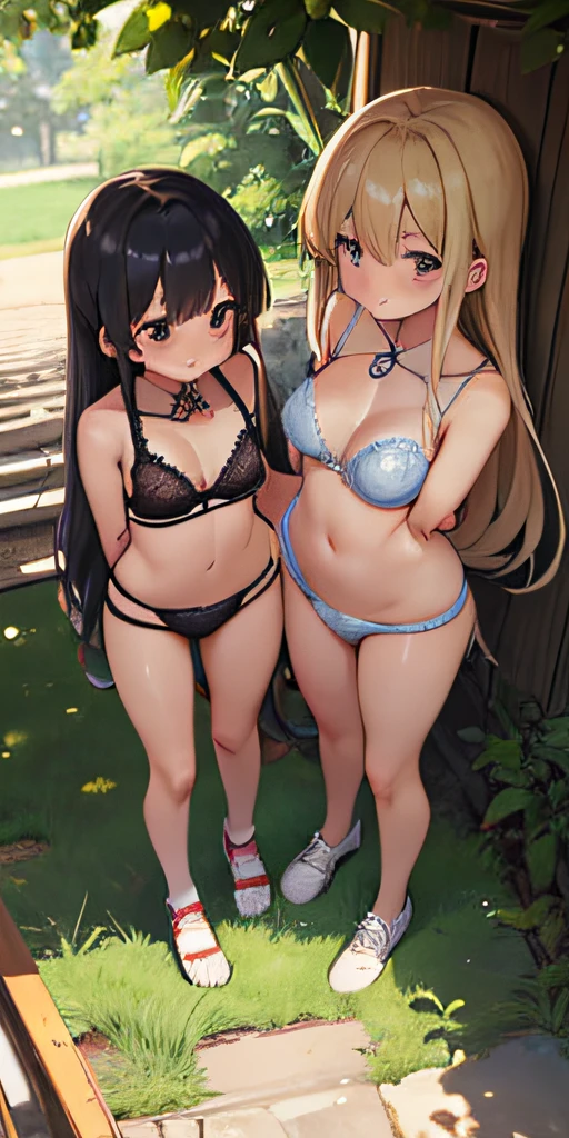 (M-shaped legs),Realistic, plein air, Wide Angle,2girls, Long hair, Shy, embarrassed, blushed, Wide Angle, From  above, Shackles were placed around the neck, the neck is chained, (bra very, pantiy), llight rays, Glow, (masutepiece)