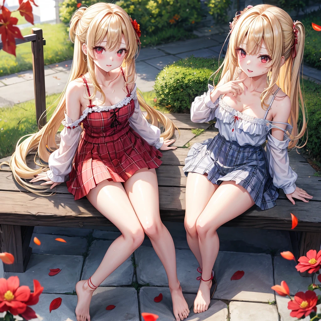 a blond、red eyes、1 pretty girl、animesque、lightly dressed、Plaid miniskirt、flower petals、bare-legged、wetting hair、Camisole-wearing、sitting on、tightrope walking、you