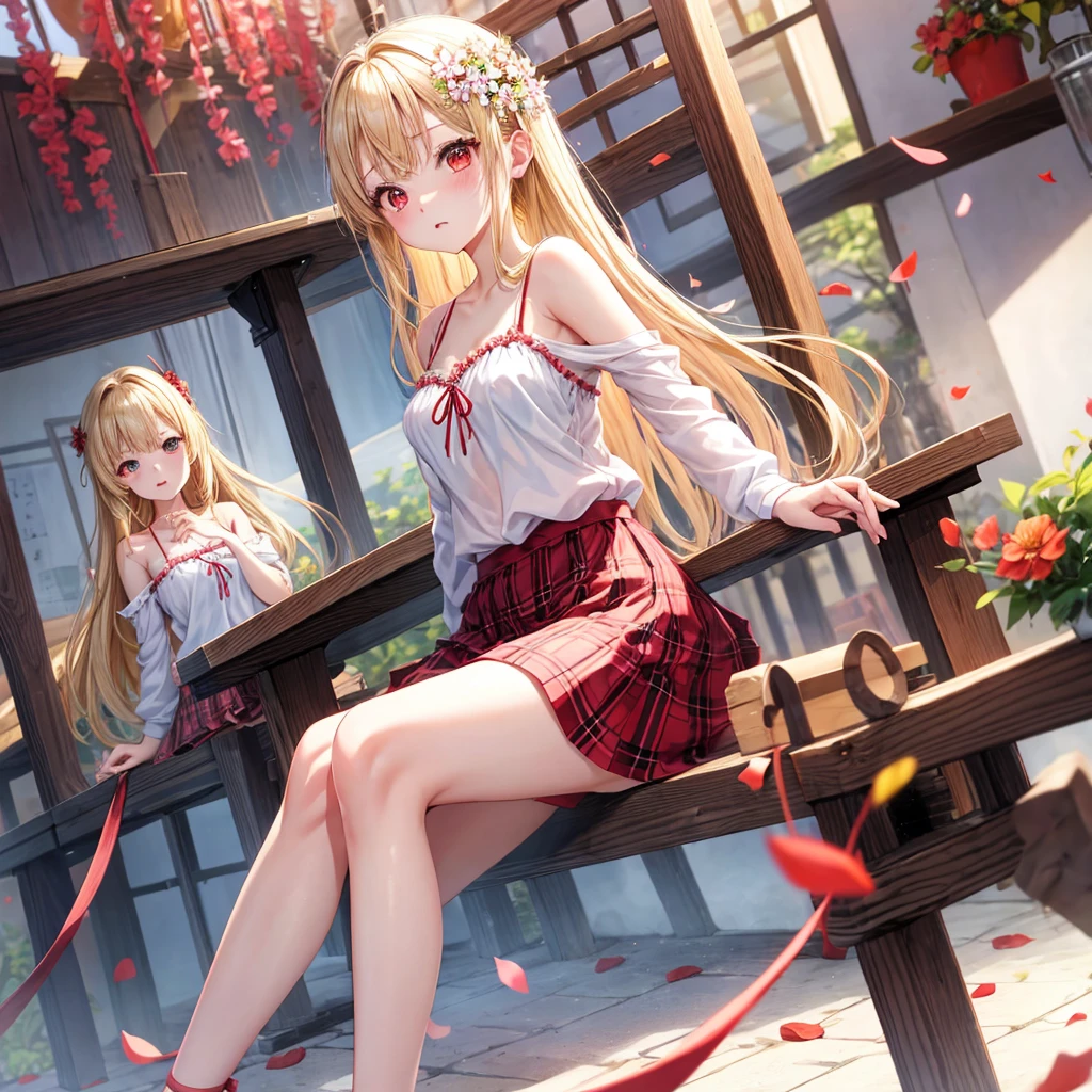 a blond、red eyes、1 pretty girl、animesque、lightly dressed、Plaid miniskirt、flower petals、bare-legged、wetting hair、Camisole-wearing、sitting on、tightrope walking、you
