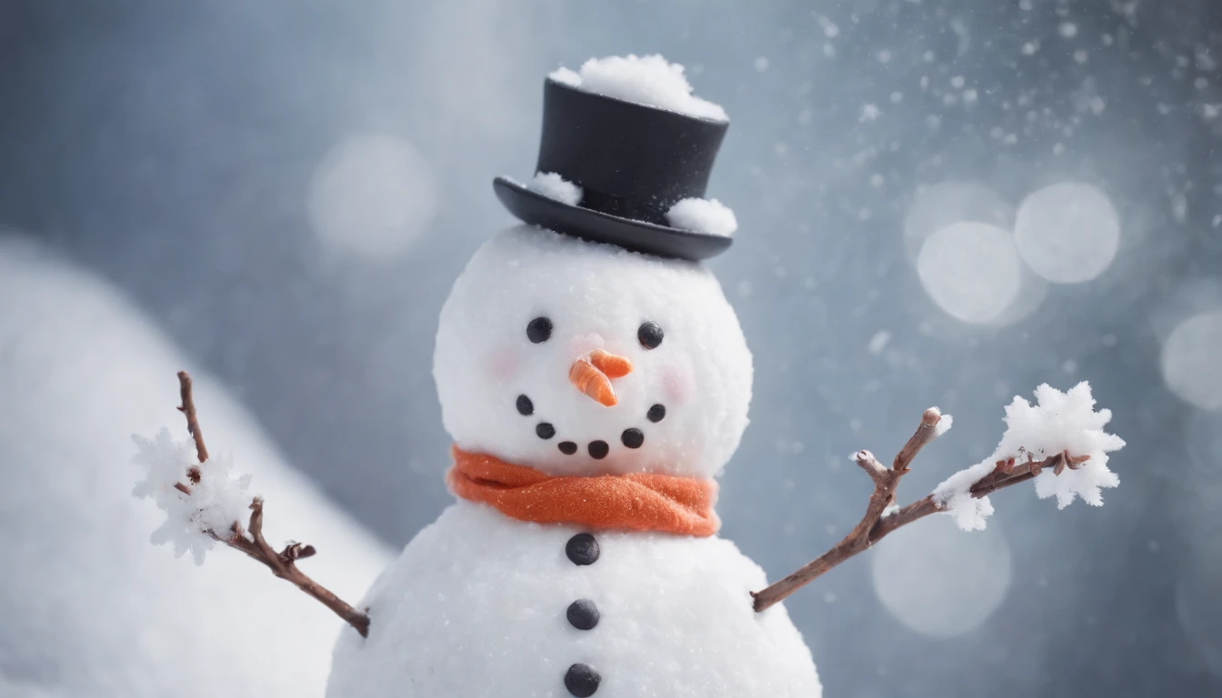 A close-up shot of a cute snowman’s twig arms, with tiny snowflakes clinging to them, creating a visually detailed and delicate image.