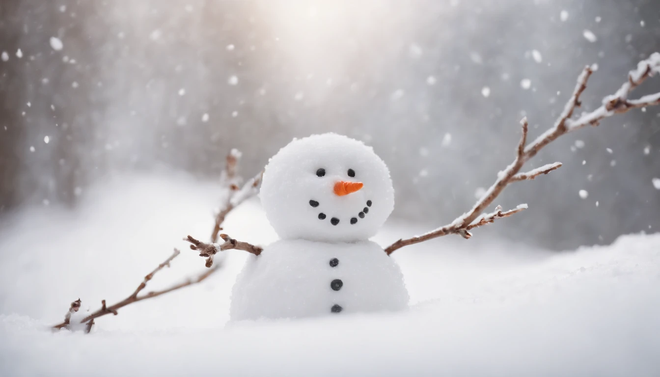 A close-up shot of a cute snowman’s twig arms, with tiny snowflakes clinging to them, creating a visually detailed and delicate image.