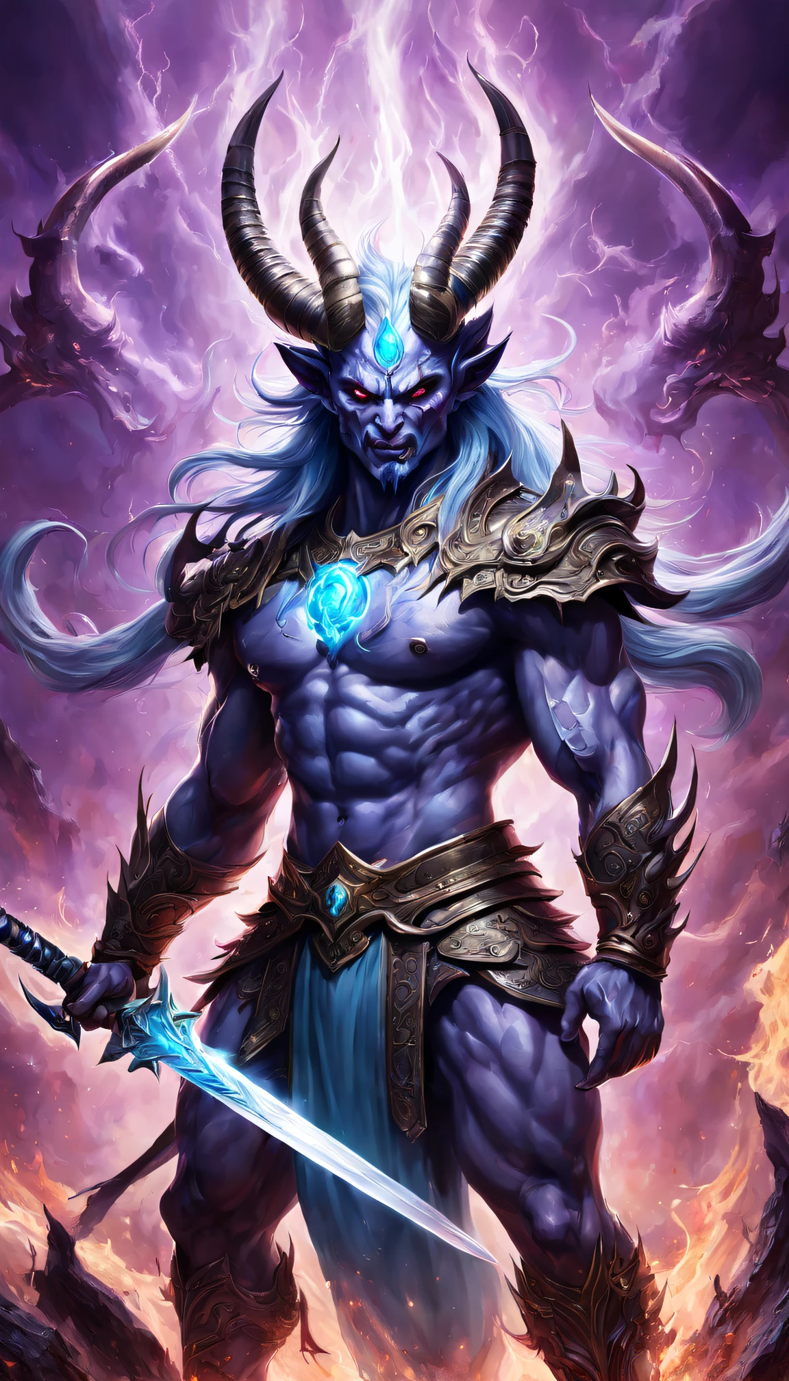 Best quality，ultradetailed，realistically：1.37，Chinese mythology，asuras，terrible death，light blue colored skin，dark piercing eyes，sword in hands，has horns on its head，heavy muscular figure，elegant armor，delicate patterns，Glowing aura，Surrounded by purple flames，battleground background，Defeat demons and evil spirits，The power of demons，Divine wrath，majestic and powerful，mythological creatures