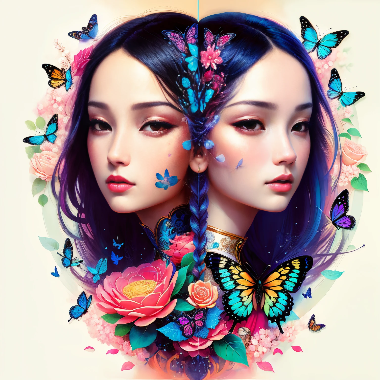 (masterpiece, best quality), best resolution, (2heads:1.5), 1girl, two women with tattoos and butterflies on their faces, a beautiful artwork illustration, beautiful digital artwork, korean symmetrical face, beautiful symmetrical faces, exquisite digital illustration, loish and ross tran, gorgeous digital art, by Zeen Chin, symmetrical digital illustration, beautiful digital art, beeple and jeremiah ketner, jingna zhang, by Yu Zhiding