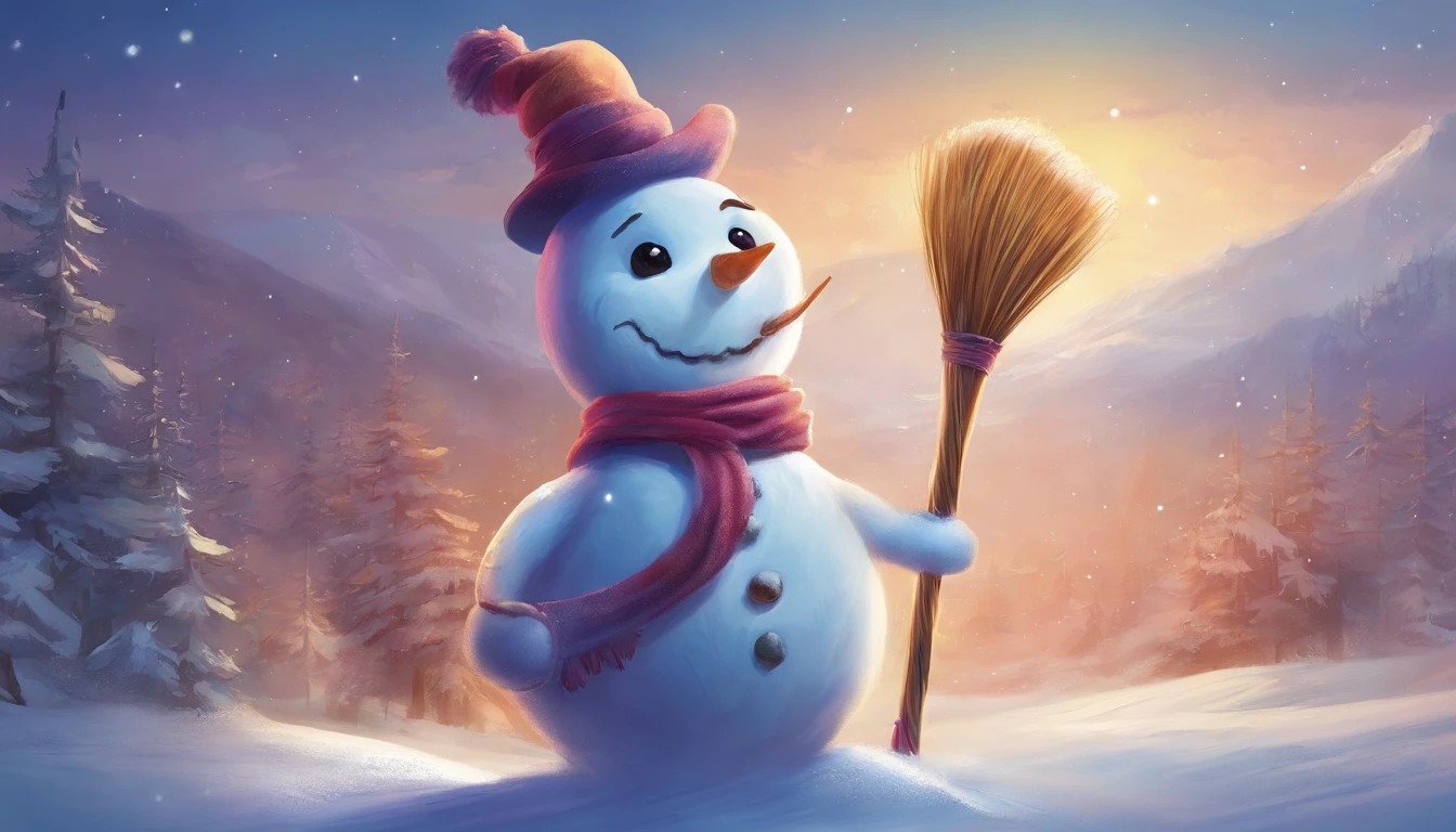 A high-resolution image of a cute snowman holding a broom, ready to sweep away the snow, creating a visually playful and industrious scene.