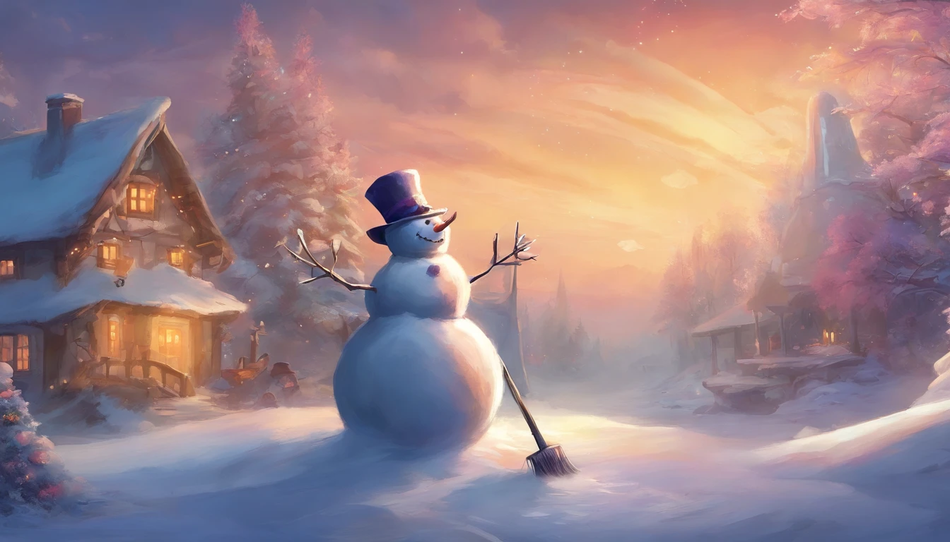 A high-resolution image of a cute snowman holding a broom, ready to sweep away the snow, creating a visually playful and industrious scene.