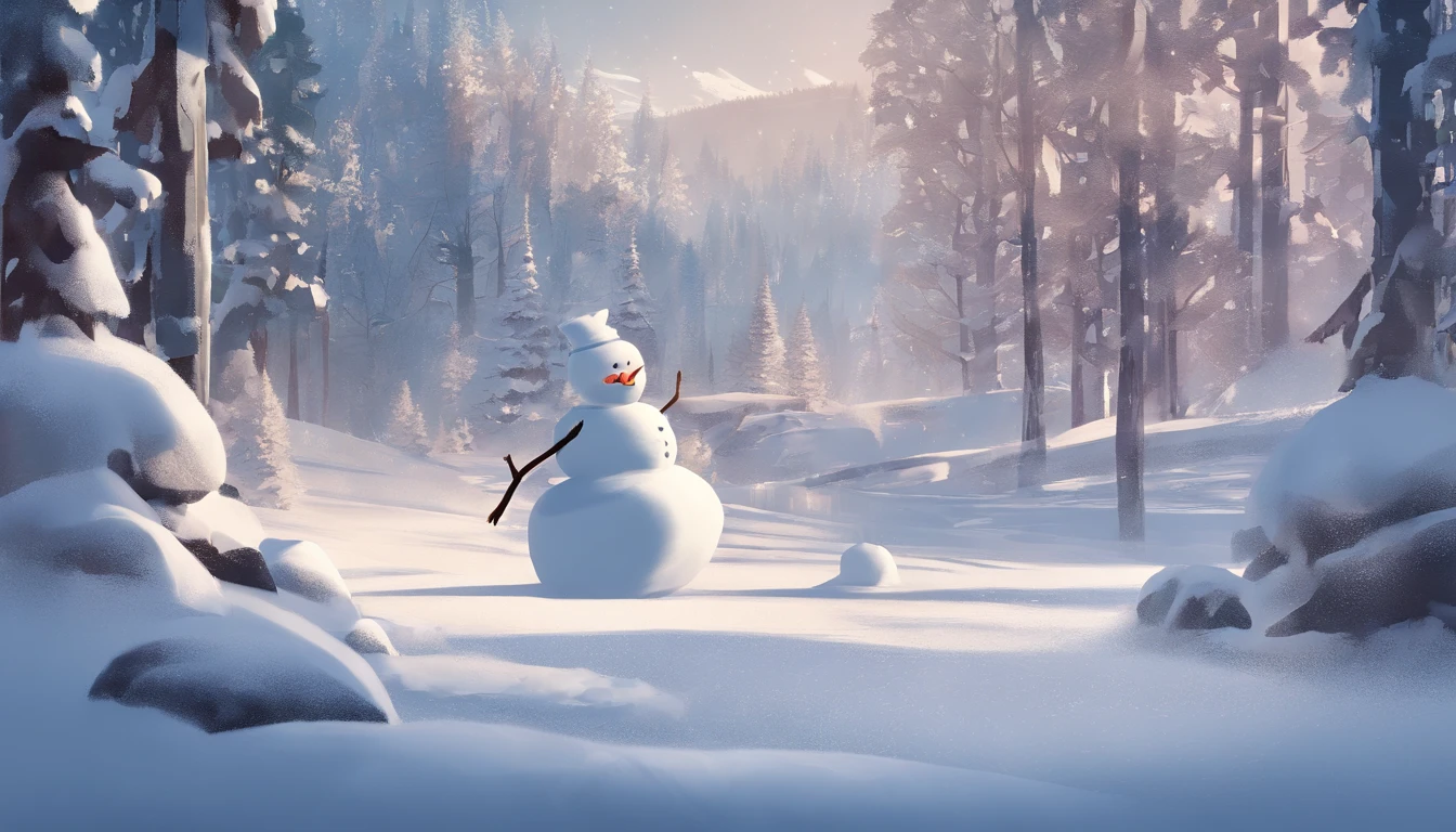 A visually pleasing composition of a cute snowman surrounded by snow-covered trees and a winter landscape, creating a visually peaceful and serene image.