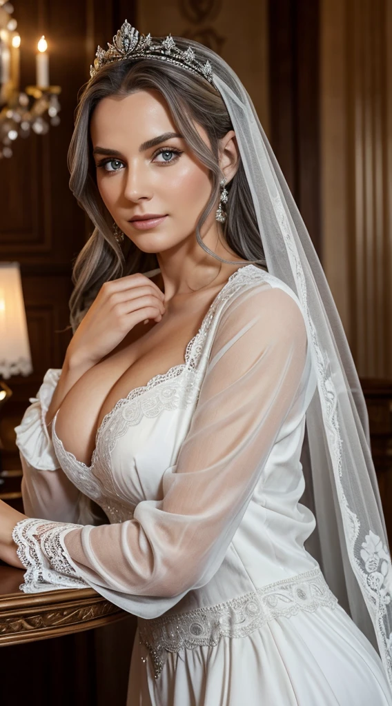 In dieser raffinierten Szene, eine elegante und faszinierende Frau, etwa 50 Jahre alt, ziert die Umgebung in einem leuchtenden Spitzennachthemd. The colorful lace robe gracefully drapes her figure, adds a touch of royalty to her presence. Ihr graues Haar, mit Raffinesse gestylt, umrahmt ihr Gesicht, und ein paar anmutige Falten zeugen von der Weisheit und Erfahrung, die mit dem Alter einhergehen.
Different camera angles capture this woman's nuanced beauty. Eine Nahaufnahme hebt die komplizierten Details der Spitze hervor, Sie stellt die Handwerkskunst zur Schau, which complements her refined taste. A larger shot encompasses the luxurious space around her, was ihren Reichtum und Einfluss widerspiegelt.
Der Gesichtsausdruck der Frau strahlt eine Mischung aus Selbstvertrauen aus, Gnade, und ein subtiler Hauch von Geheimnis. Her gray hair and the soft lines on her face give her an authenticity, We celebrate beauty, die mit der Reife einhergeht. Diese Komposition soll den zeitlosen Reiz und die Raffinesse eines reifen Mannes vermitteln, einflussreiche Frau.