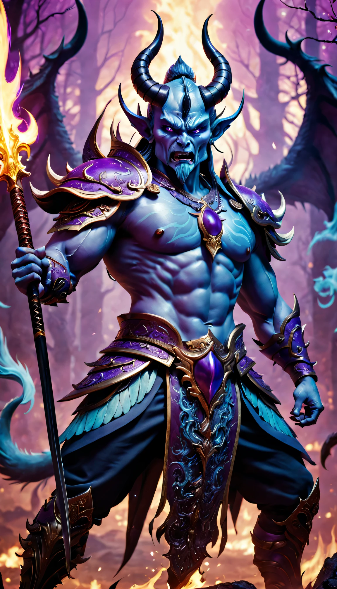 Best quality,ultradetailed,realistically:1.37,Chinese mythology,asuras,terrible death,light blue colored skin,dark piercing eyes,sword in hands,has horns on its head,heavy muscular figure,elegant armor,delicate patterns,Glowing aura,Surrounded by purple flames,battleground background,Defeat demons and evil spirits,The power of demons,Divine wrath,majestic and powerful,mythological creatures