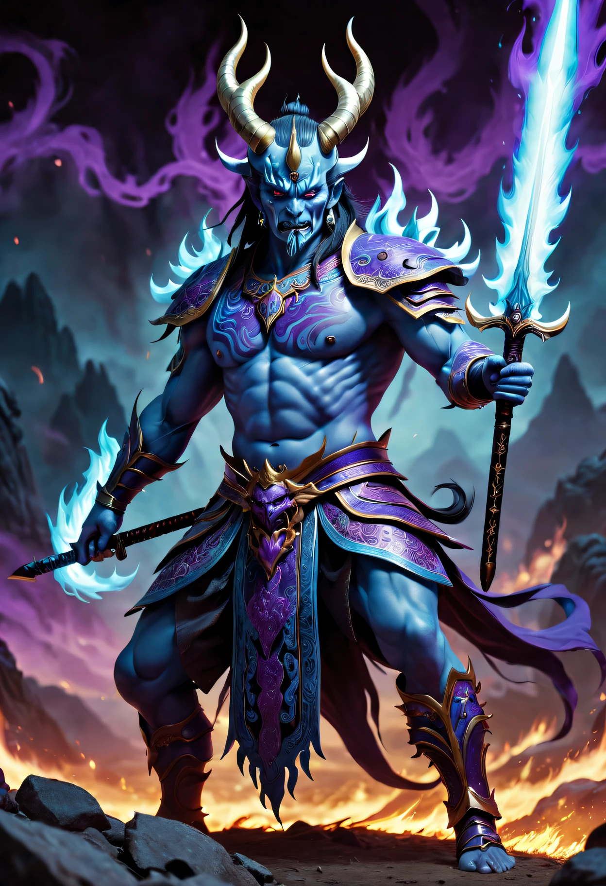 Best quality,ultradetailed,realistically:1.37,Chinese mythology,asuras,King of Devils,terrible death,light blue colored skin,dark piercing eyes,sword in hands,has horns on its head,heavy muscular figure,elegant armor,delicate patterns,Glowing aura,Surrounded by purple flames,Desolate battlefield background,Defeat demons and evil spirits,(safe),Divine wrath,majestic and powerful,mythological creatures