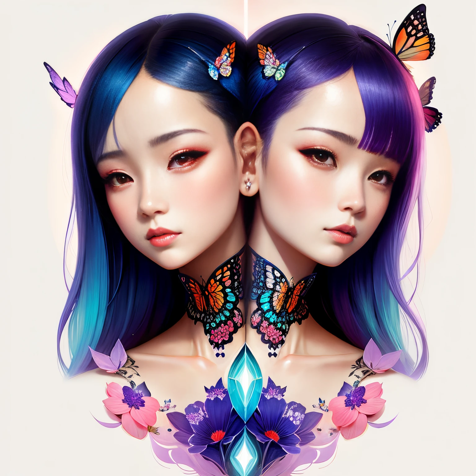 (masterpiece, best quality), best resolution, (2heads:1.5), 1girl, a girl with two faces on either side of her head, two fused girls with tattoos and butterflies on their faces, one neck, necks are fused together, fused neck is visible, a beautiful artwork illustration, beautiful digital artwork, korean symmetrical face, beautiful symmetrical faces, exquisite digital illustration, loish and ross tran, by Zeen Chin, gorgeous digital art, symmetrical digital illustration, beautiful digital art, beeple and jeremiah ketner, jingna zhang, by Yu Zhiding