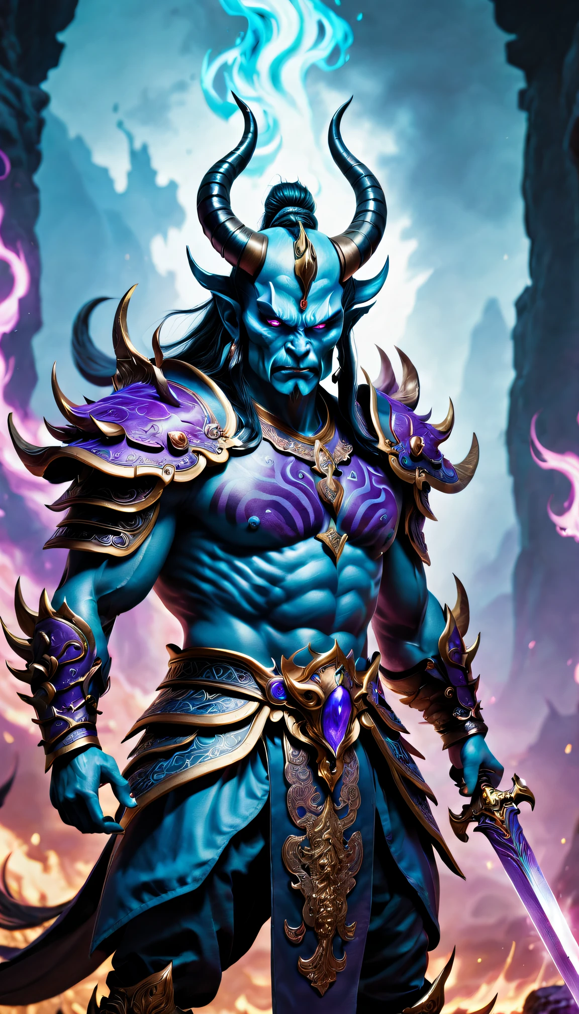 Best quality，ultradetailed，realistically：1.37，Chinese mythology，asuras，King of Devils，terrible death，light blue colored skin，dark piercing eyes，sword in hands，has horns on its head，heavy muscular figure，elegant armor，delicate patterns，Glowing aura，Surrounded by purple flames，Desolate battlefield background，Defeat demons and evil spirits，(safe)，Divine wrath，majestic and powerful，mythological creatures
