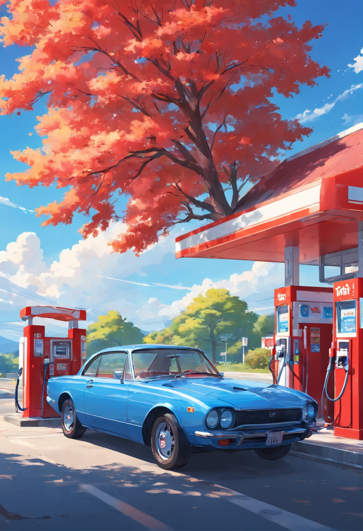 highest  quality，ultra clear details，red gas station，Blue car，with blue sky and white clouds，Bright colors，Golden tree，white backgrounid，low-saturation