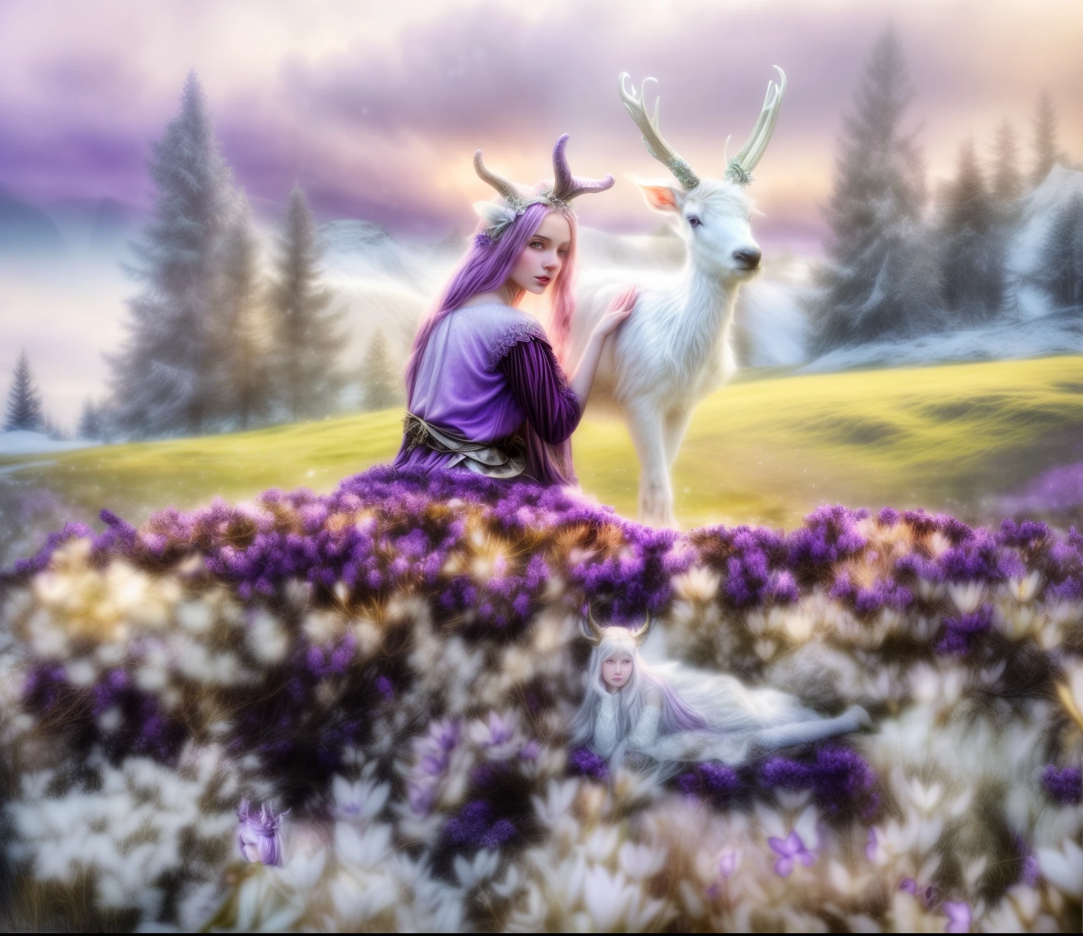 (a woman in a white++++++ gown), (sitting with deer in the snow), (((graceful horns on the head))), ((((((with beautiful purple ones around her: 1,75)))))), the non-binary deity of spring, Realistic fantasy photography, fauns, Persephone in spring, Fantasy photography, fantasy matte painting,Cute, inspired by the Limburg brothers, an epic fantasy, with magical creatures, lost in a dreamy fairy landscape, The White Witch, Young woman with horns, Anna Boch, by Emma Andijewska, Lucia Peka, ethereal fairytale, beautiful nordic woman, with magical creatures, Realistic fantasy photography, inspired by Anka Zhuravleva, Anka Zhuravleva, Pale ivory skin