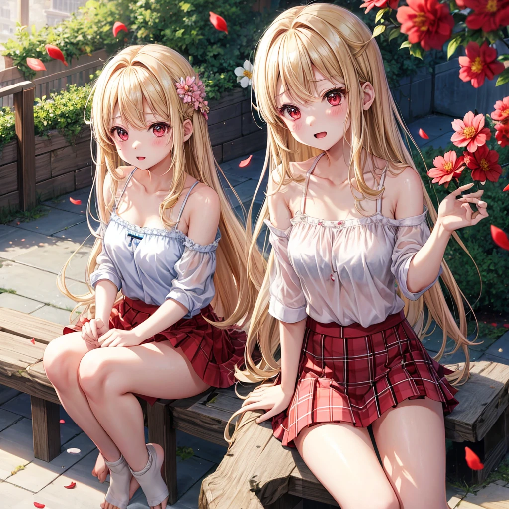 a blond、red eyes、1 pretty girl、animesque、lightly dressed、Plaid miniskirt、flower petals、bare-legged、wetting hair、Camisole-wearing、sitting on、tightrope walking、you