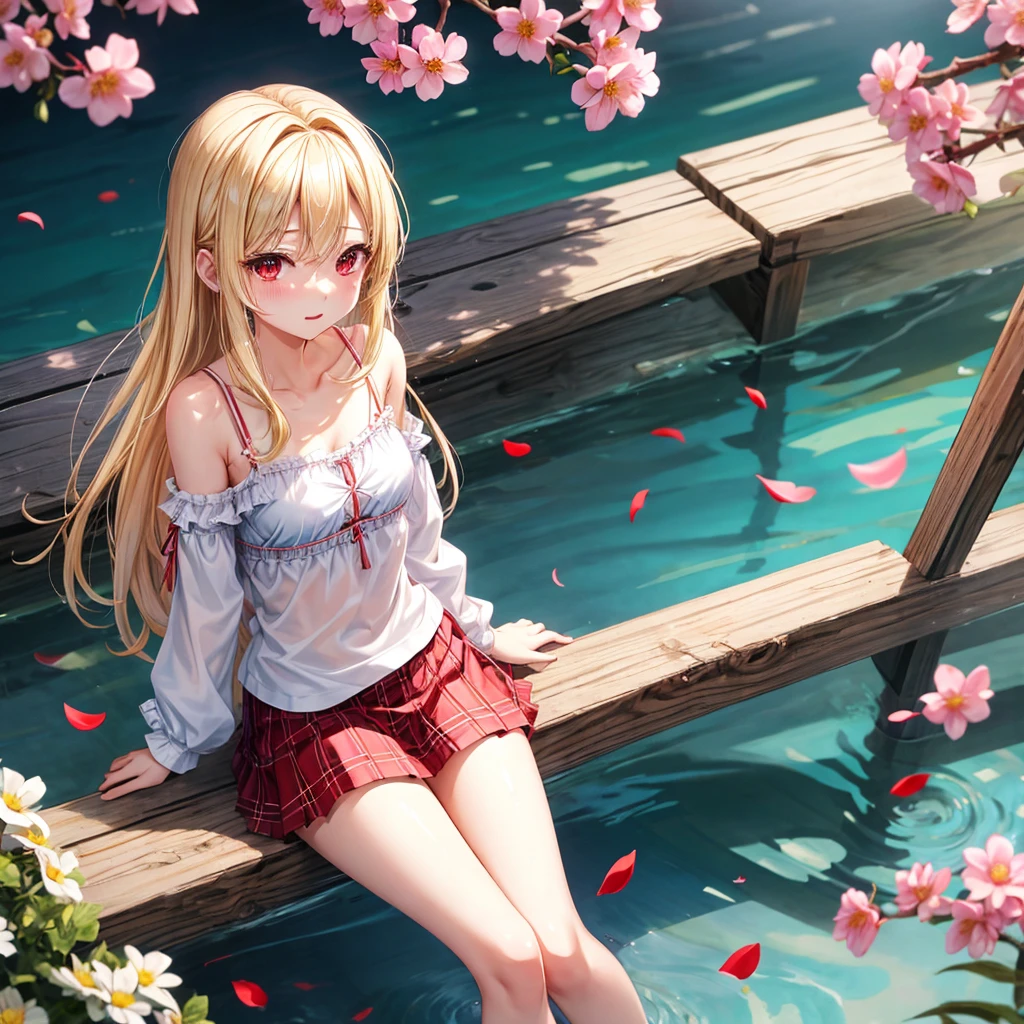 a blond、red eyes、1 pretty girl、animesque、lightly dressed、Plaid miniskirt、flower petals、bare-legged、wetting hair、Camisole-wearing、sitting on、tightrope walking、you