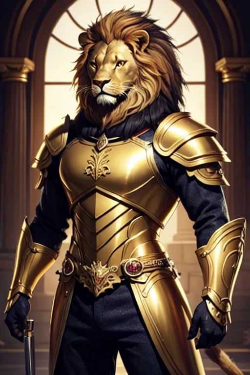 a beautiful anthropomorphic lion with golden armor