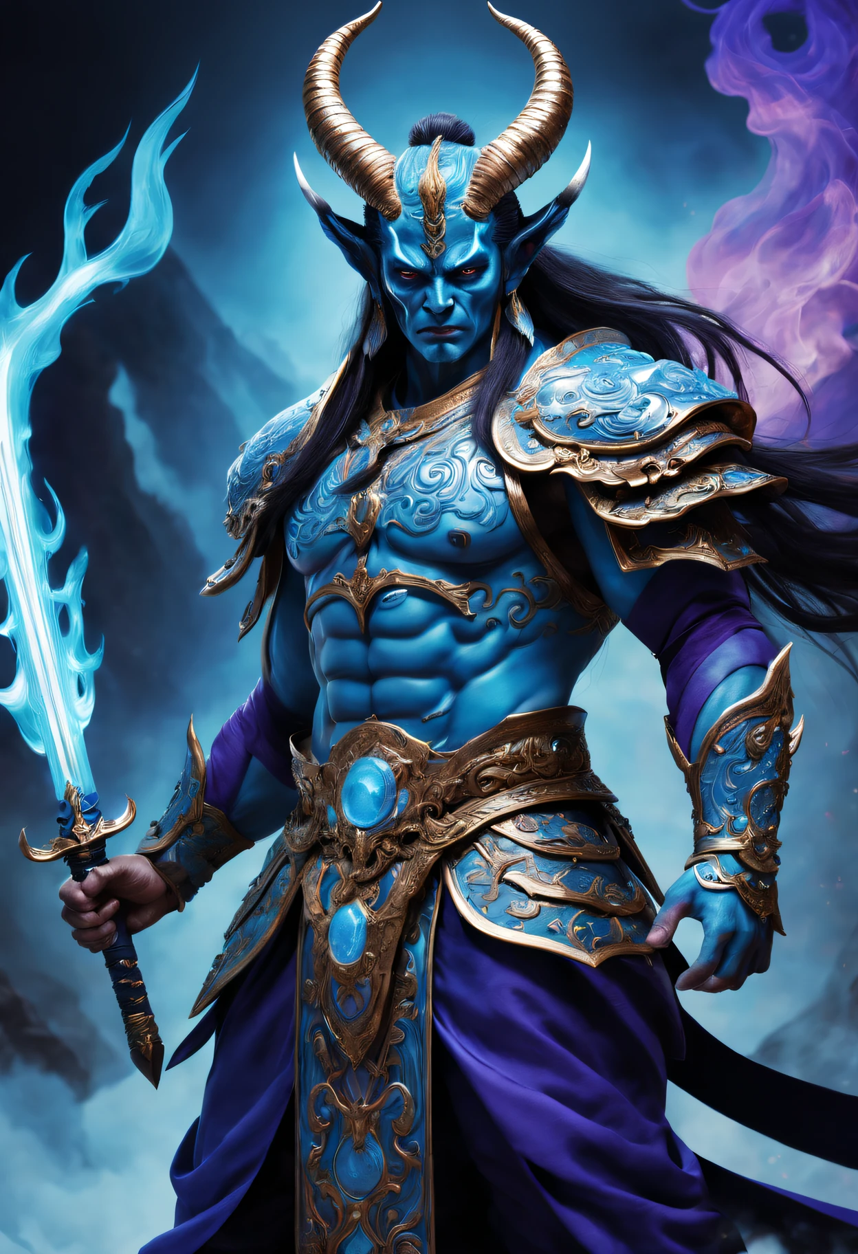 Best quality,ultradetailed,realistically:1.37,Chinese mythology,asuras,King of Devils,terrible death,light blue colored skin,dark piercing eyes,sword in hands,has horns on its head,heavy muscular figure,elegant armor,delicate patterns,Glowing aura,Surrounded by purple flames,Desolate battlefield background,Defeat demons and evil spirits,(safe),Divine wrath,majestic and powerful,mythological creatures