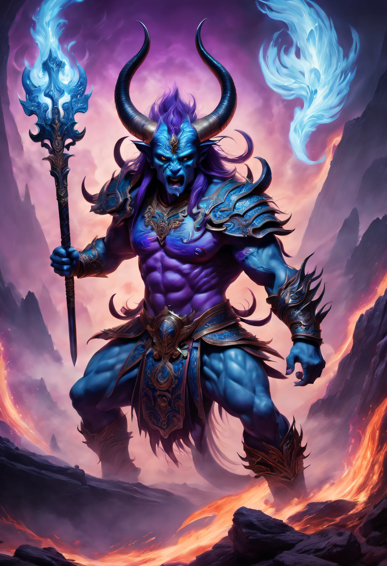 Best quality，ultradetailed，realistically：1.37，Chinese mythology，asuras，King of Devils，terrible death，light blue colored skin，Eyes glowing green，machete，has horns on its head，heavy muscular figure，elegant armor，delicate patterns，Glowing aura，Surrounded by purple flames，Desolate battlefield background，Defeat demons and evil spirits，(That is a portrait at length)，Divine wrath，majestic and powerful，mythological creatures