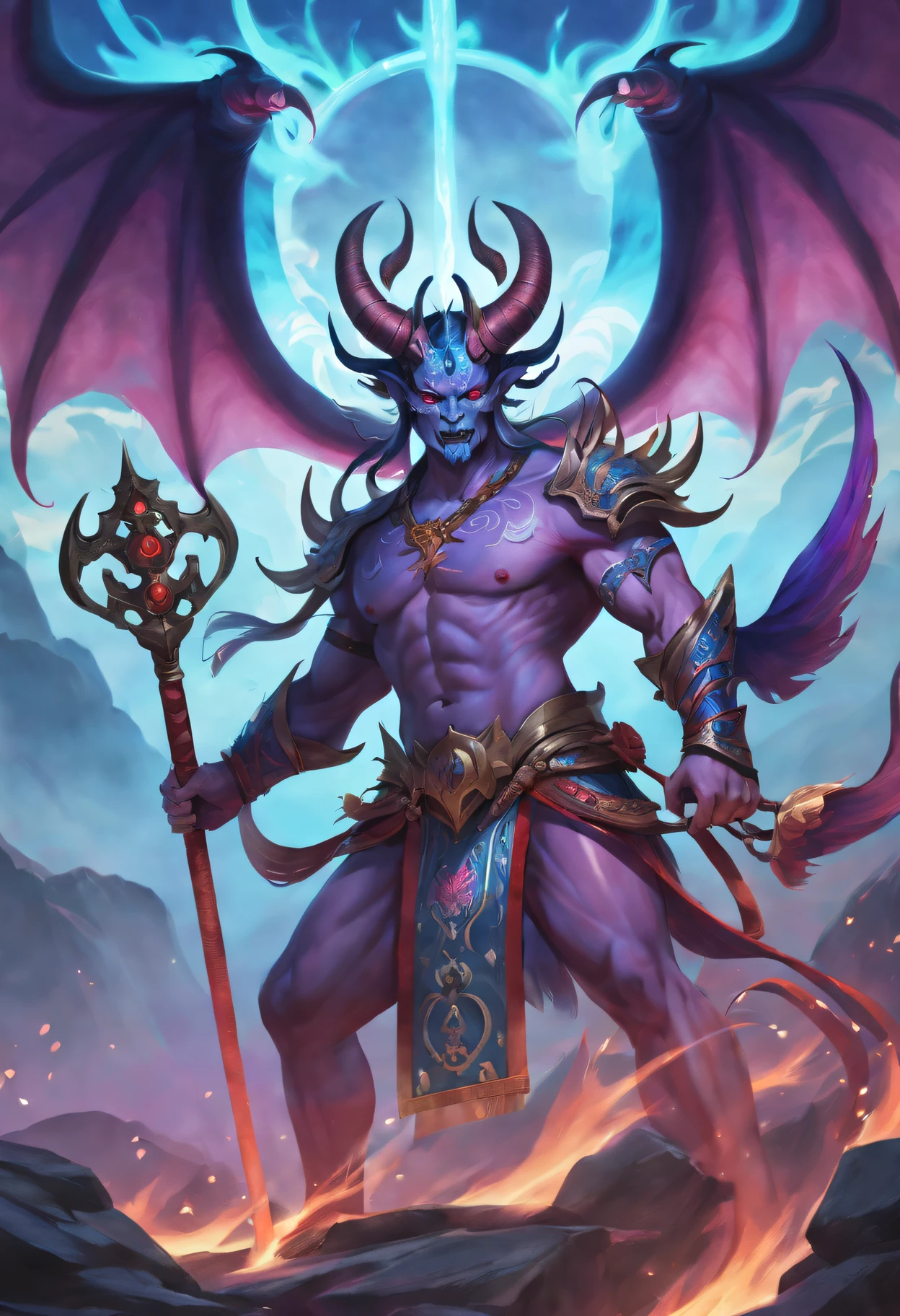 Best quality,ultradetailed,realistically:1.37,Chinese mythology,asuras,King of Devils,terrible death,light blue colored skin,dark piercing eyes,sword in hands,has horns on its head,heavy muscular figure,elegant armor,(demonic wings),delicate patterns,Glowing aura,Surrounded by purple flames,Desolate battlefield background,Defeat demons and evil spirits,(safe),Divine wrath,majestic and powerful,mythological creatures