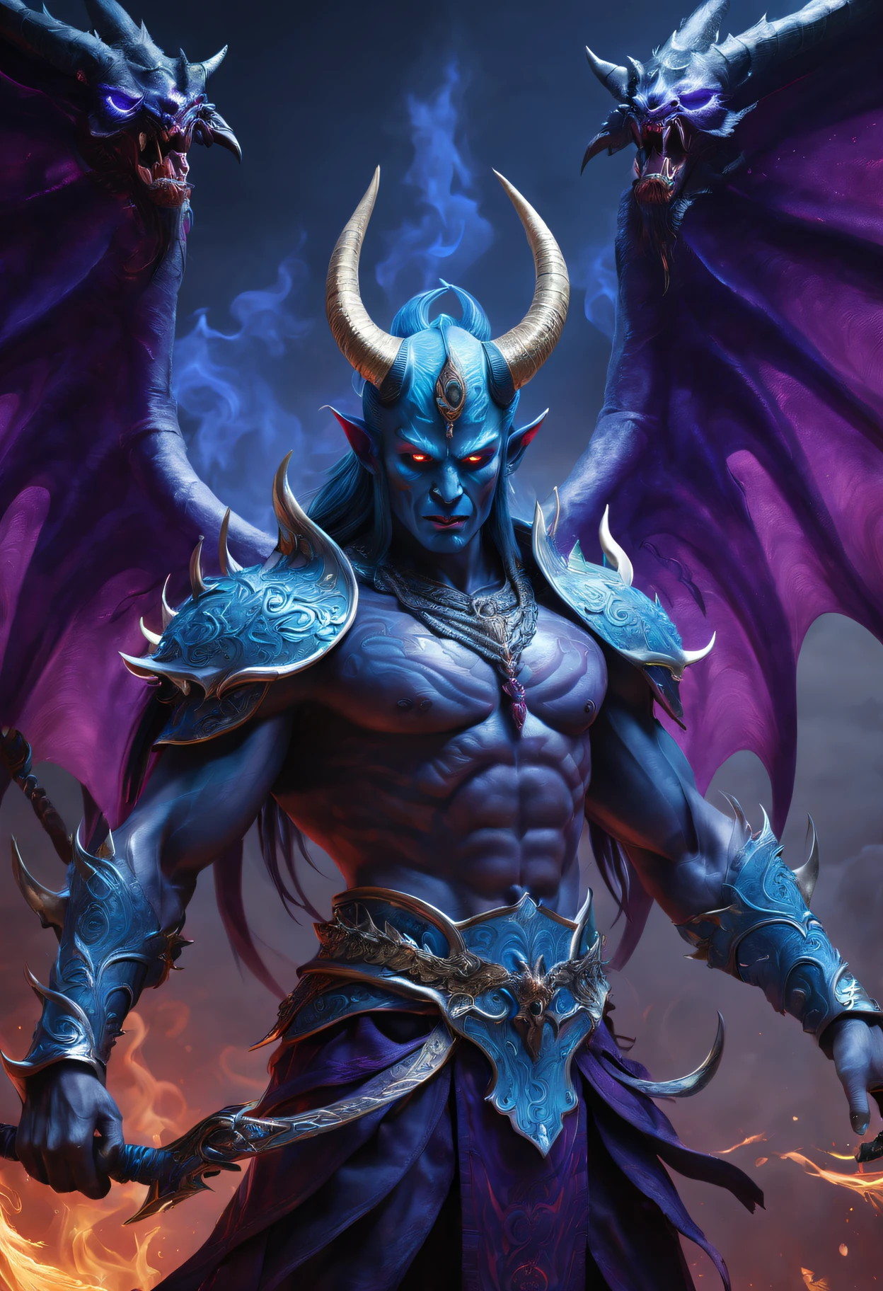 Best quality,ultradetailed,realistically:1.37,Chinese mythology,asuras,King of Devils,terrible death,light blue colored skin,dark piercing eyes,sword in hands,has horns on its head,heavy muscular figure,elegant armor,(demonic wings),delicate patterns,Glowing aura,Surrounded by purple flames,Desolate battlefield background,Defeat demons and evil spirits,(safe),Divine wrath,majestic and powerful,mythological creatures