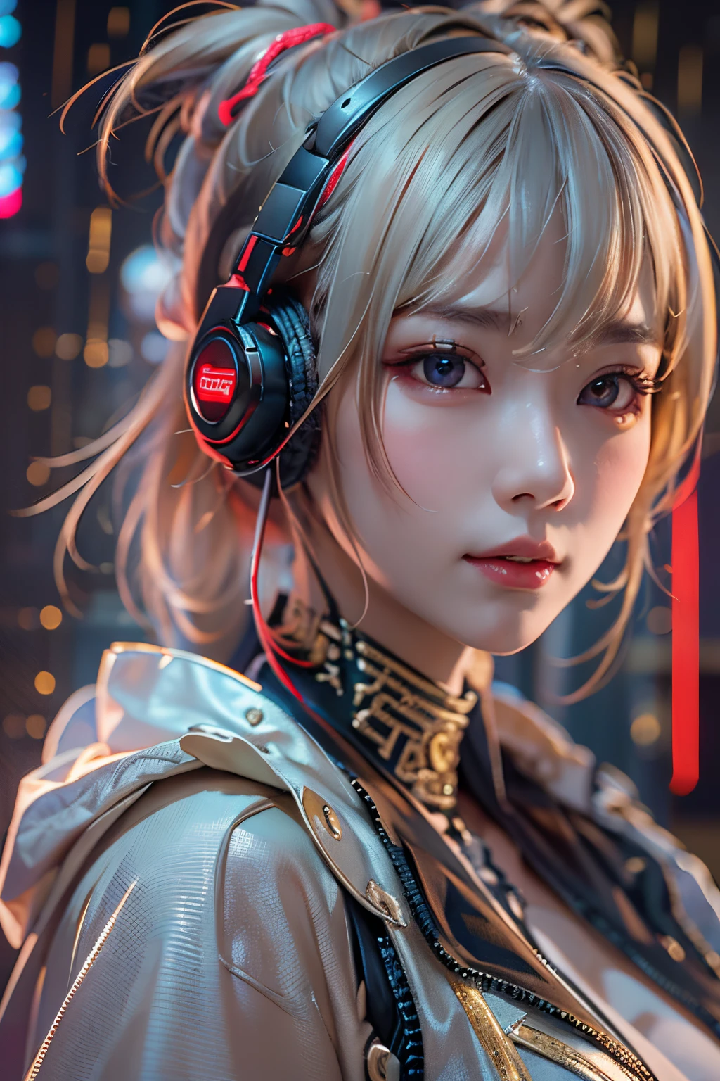 ​masterpiece, 1 beautiful girl, Detailed eye, Swollen eyes, top-quality, 超A high resolution, (reality: 1.4), 电影灯光, japanes, a asian beauty, very extremely beautiful, Beautiful skins, A slender, Forward-facing body, (A hyper-realistic), (hight resolution), (8K), (ighly detailed), ( Best Illustration), (beautifully detailed eyes), (ultra-detailliert), 详细的脸, Bright lighting, Professional Lighting、The background is a cyberpunk room with a large number of monitors..、The cord is connected from the costume、Hair color is red、headset on head、small tattoo on face、Female Game Commentator