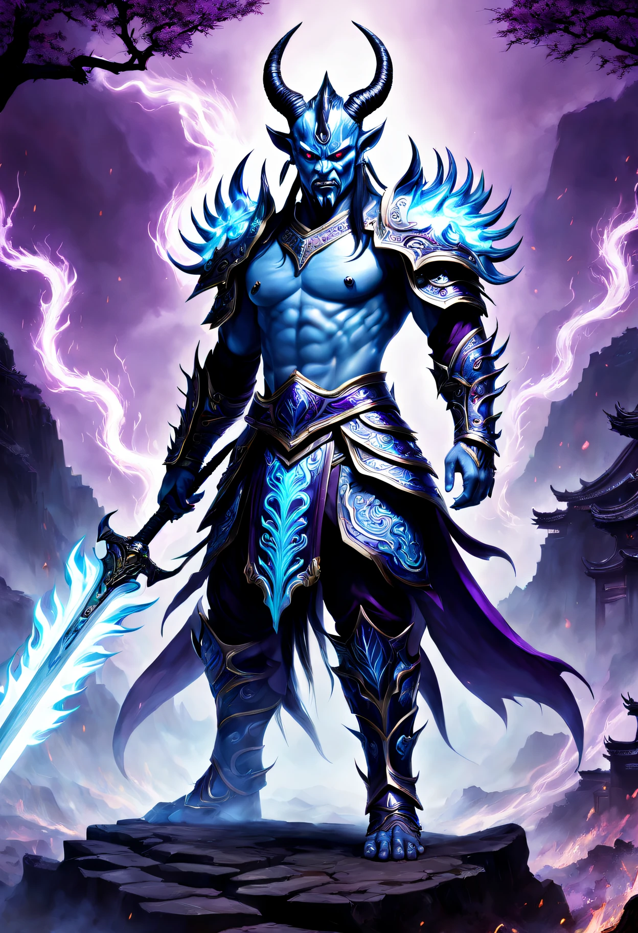 Best quality，ultradetailed，realistically：1.37，Chinese mythology，asuras，King of Devils，terrible death，light blue colored skin，dark piercing eyes，sword in hands，has horns on its head，heavy muscular figure，elegant armor，delicate patterns，Glowing aura，Surrounded by purple flames，Desolate battlefield background，Defeat demons and evil spirits，(safe)，Divine wrath，majestic and powerful，mythological creatures