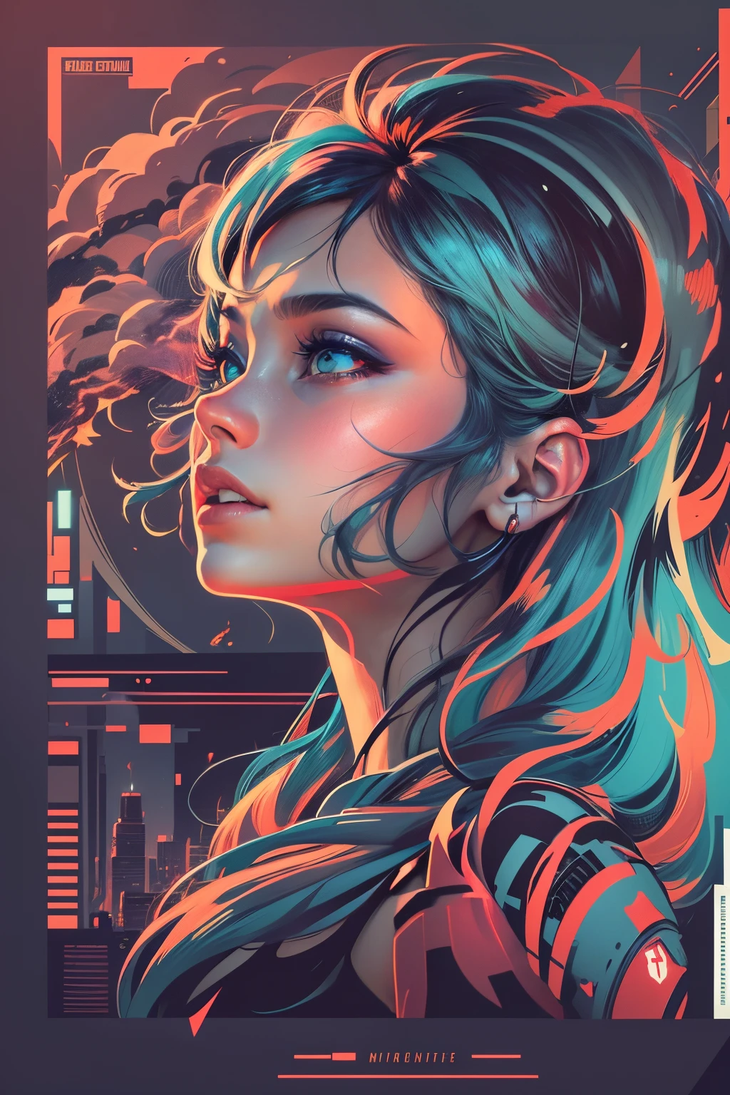 masterpiece, poster, vector desing, graphic design t-shirt, flat design, futuristic cyberpunk, girl in mix of tones, perfect body, goddess, shining skin, topless, sexy body, topless, flashing tits, natural tits, metal skin, metal nipples, laser beams, purple emissive eyes, colorful tones, clean highly detailed, vector image, smoke explosion, simple background, flat white background, vibrant composition, dinamic, bright vector ((white background) )