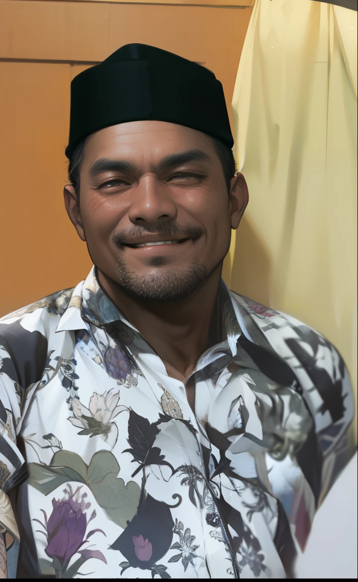 smiling man in a floral shirt and hat standing next to a man in a white shirt, ismail, lokah samastah sukhino bhavantu, ramil sunga, saadane afif, h. kyoht luterman, full protrait, raden saleh, inspired by Basuki Abdullah, protrait, mutahar laughing, portrait picture