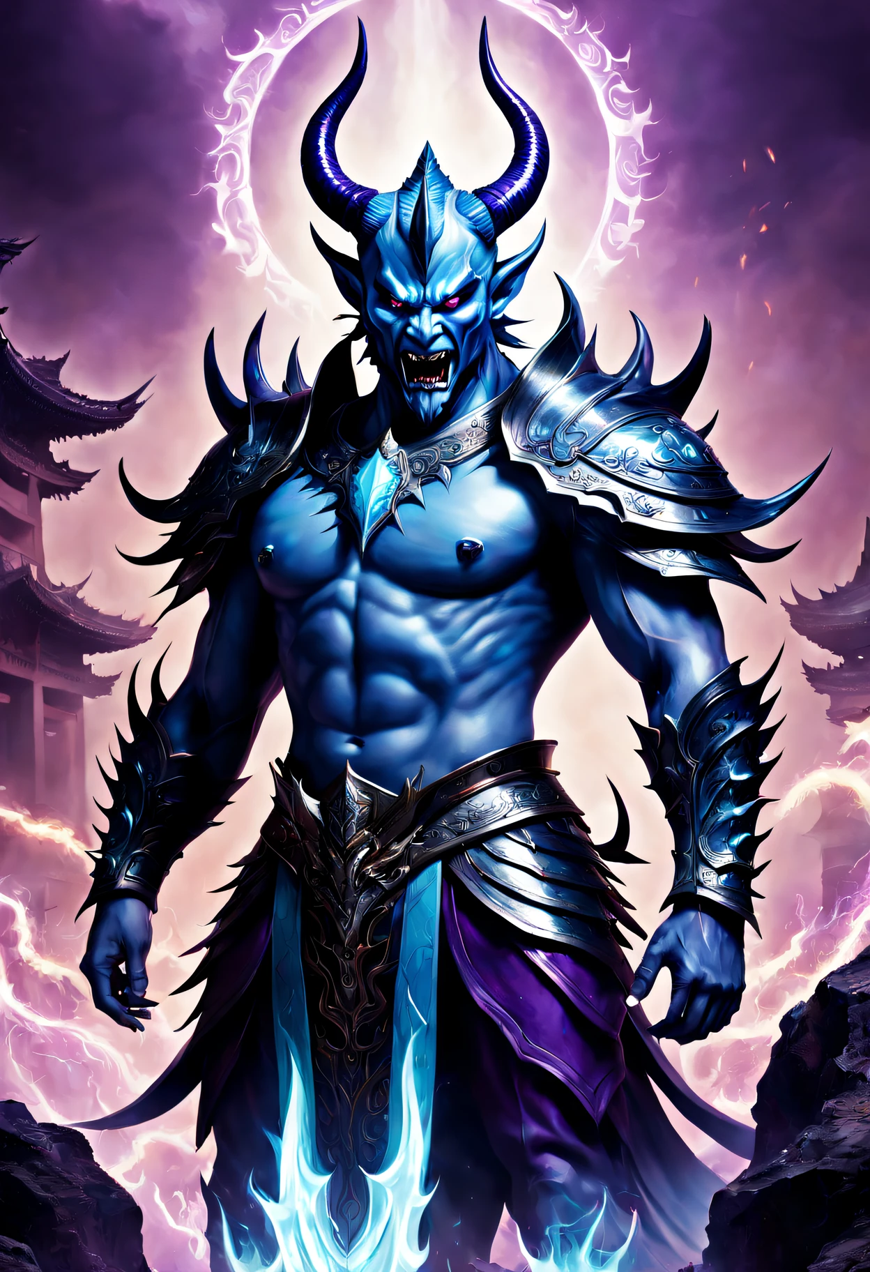 Best quality,ultradetailed,realistically:1.37,Chinese mythology,asuras,King of Devils,terrible death,light blue colored skin,dark piercing eyes,sword in hands,has horns on its head,heavy muscular figure,elegant armor,(demonic wings),delicate patterns,Glowing aura,Surrounded by purple flames,Desolate battlefield background,Defeat demons and evil spirits,(safe),Divine wrath,majestic and powerful,mythological creatures