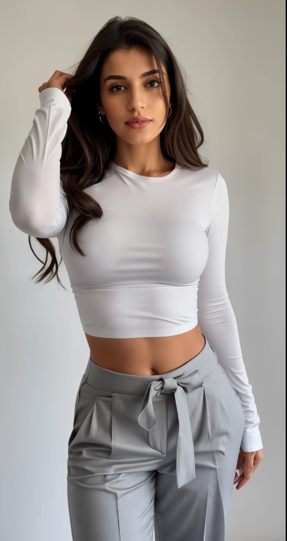 a woman in a white top and grey pants posing for a picture, tampo branco, Topo de colheita, Camisa de corte e abdominais fortes, usando roupas simples e apertadas, terno liso branco apertado roupas terno, topo de corte, usando um top cropped sexy, camisa apertada, tinyest midriff ever, usando topo de corte, physical : tinyest midriff ever, vestindo camisa apertada
