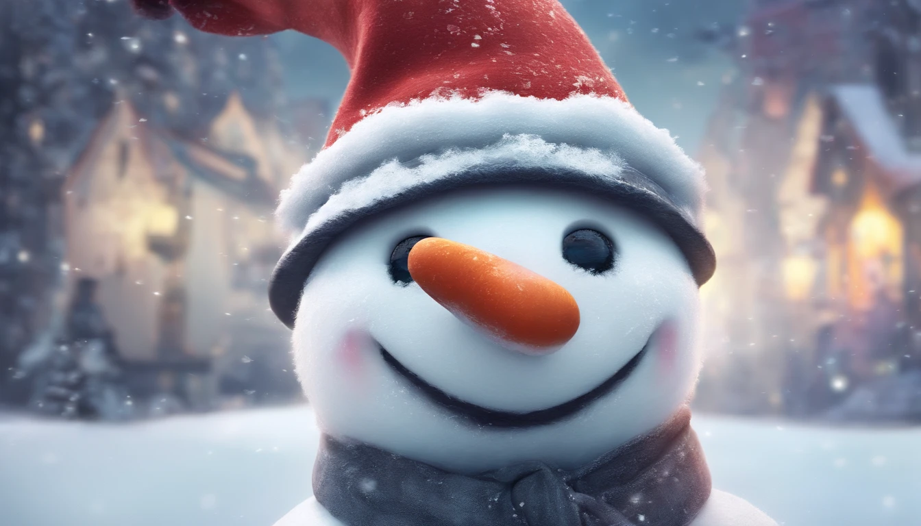 A close-up shot of a cute snowman’s coal eyes and button smile, with a sprinkle of snow on its nose, creating a visually endearing and charming image.