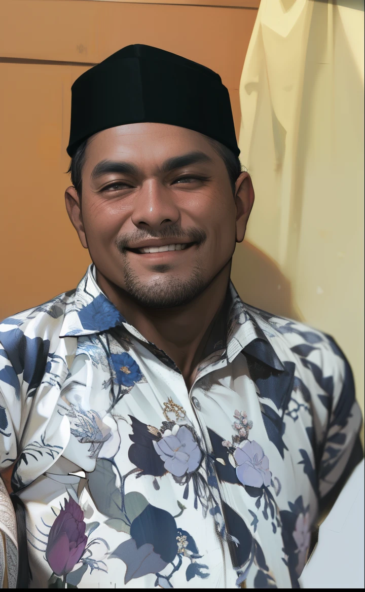 smiling man in a floral shirt and hat standing next to a man in a white shirt, ismail, lokah samastah sukhino bhavantu, ramil sunga, saadane afif, h. kyoht luterman, full protrait, raden saleh, inspired by Basuki Abdullah, protrait, mutahar laughing, portrait picture