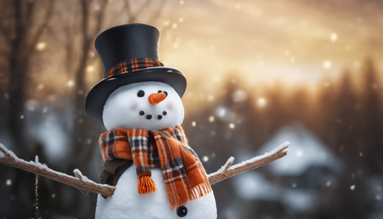A high-resolution image of a cute snowman wearing a top hat and a plaid scarf, with a carrot nose and stick arms, creating a visually classic and timeless scene.