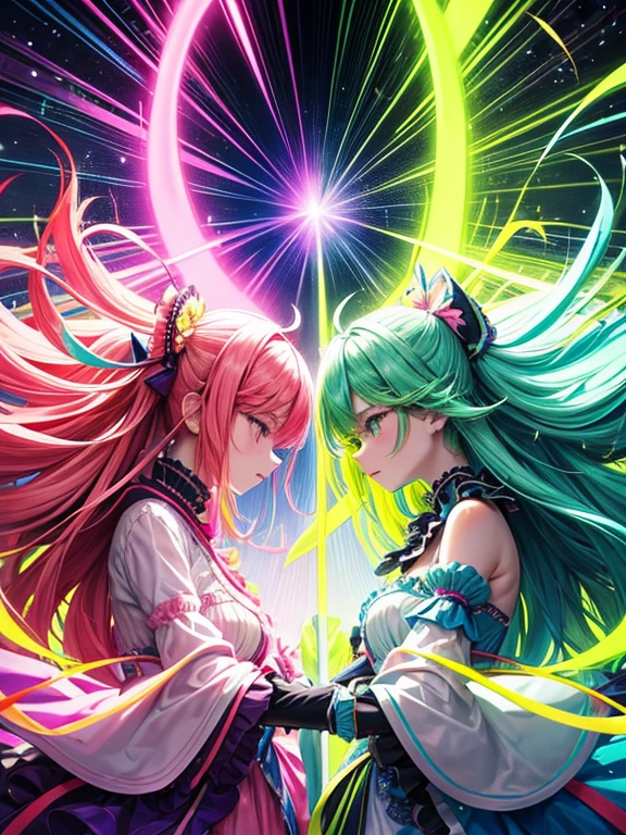 Fluorescent pink hair、Fluorescent Green Clothing、neon color、Vivid Color、western clothes、length hair、illustratio、Saturated colors、Dynamic angles、dynamicposes、two people facing each other、Rin々Shishi Face、Dynamism
