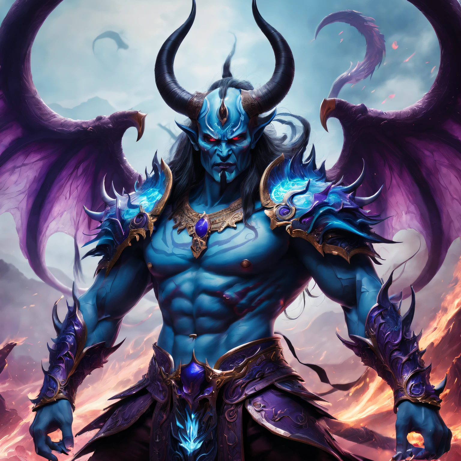 Best quality,ultradetailed,realistically:1.37,Chinese mythology,asuras,King of Devils,terrible death,light blue colored skin,dark piercing eyes,sword in hands,has horns on its head,heavy muscular figure,elegant armor,(demonic wings),delicate patterns,Glowing aura,Surrounded by purple flames,Desolate battlefield background,Defeat demons and evil spirits,(safe),Divine wrath,majestic and powerful,mythological creatures