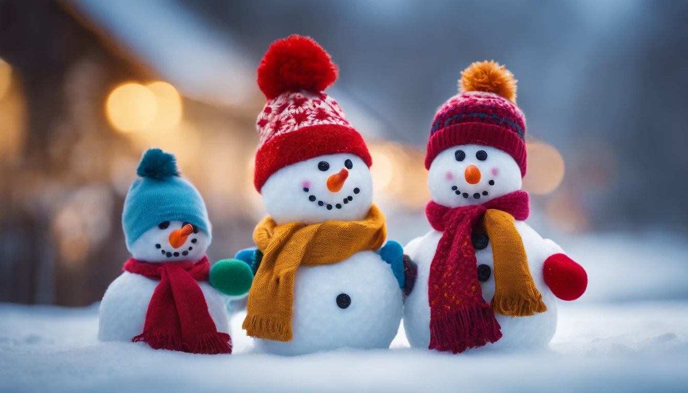 A visually stunning composition of a cute snowman with a colorful assortment of hats and scarves, showcasing its playful and fashionable side, creating a visually vibrant and cheerful scene.