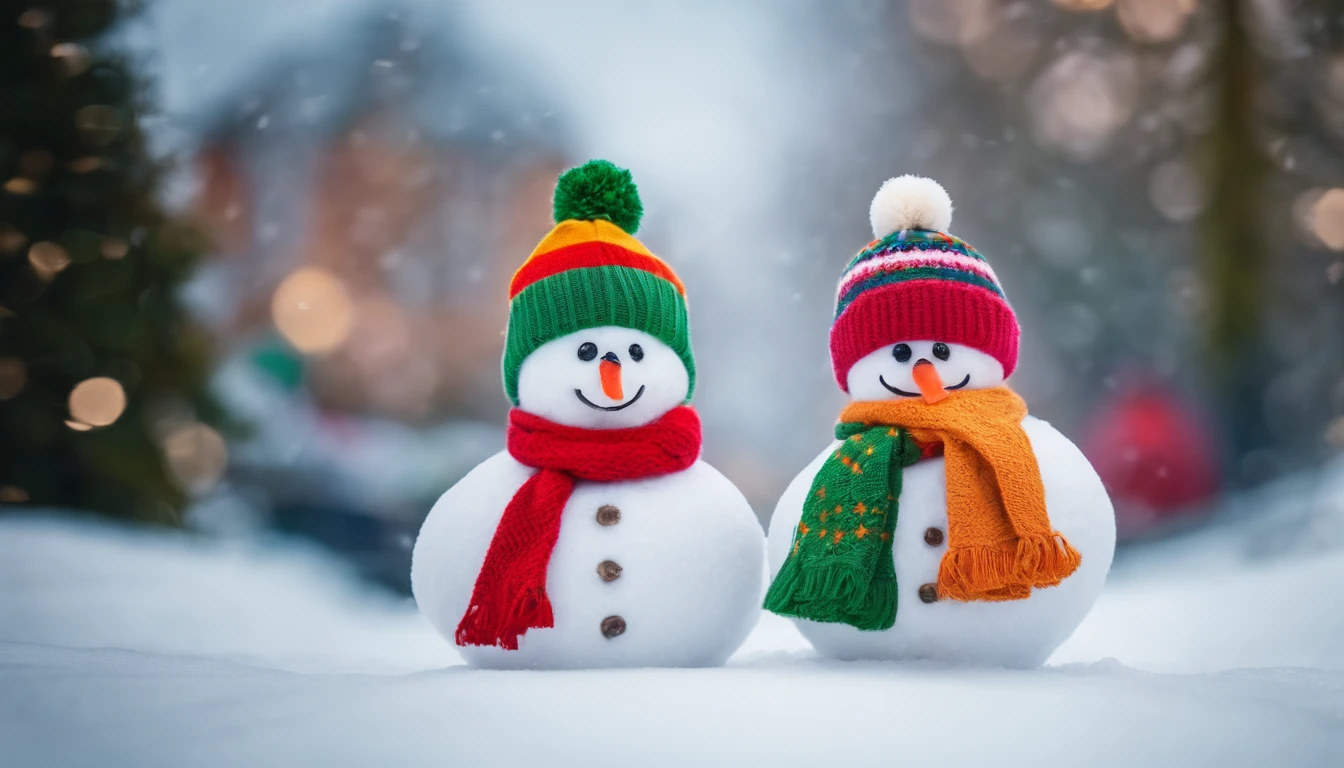 A visually stunning composition of a cute snowman with a colorful assortment of hats and scarves, showcasing its playful and fashionable side, creating a visually vibrant and cheerful scene.