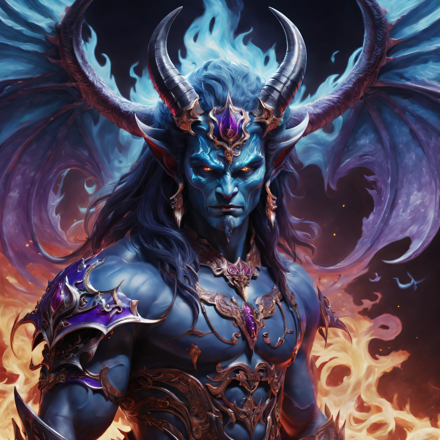 Best quality,ultradetailed,realistically:1.37,Chinese mythology,asuras,King of Devils,terrible death,light blue colored skin,dark piercing eyes,sword in hands,has horns on its head,heavy muscular figure,elegant armor,(demonic wings),delicate patterns,Glowing aura,Surrounded by purple flames,Desolate battlefield background,Defeat demons and evil spirits,(safe),Divine wrath,majestic and powerful,mythological creatures