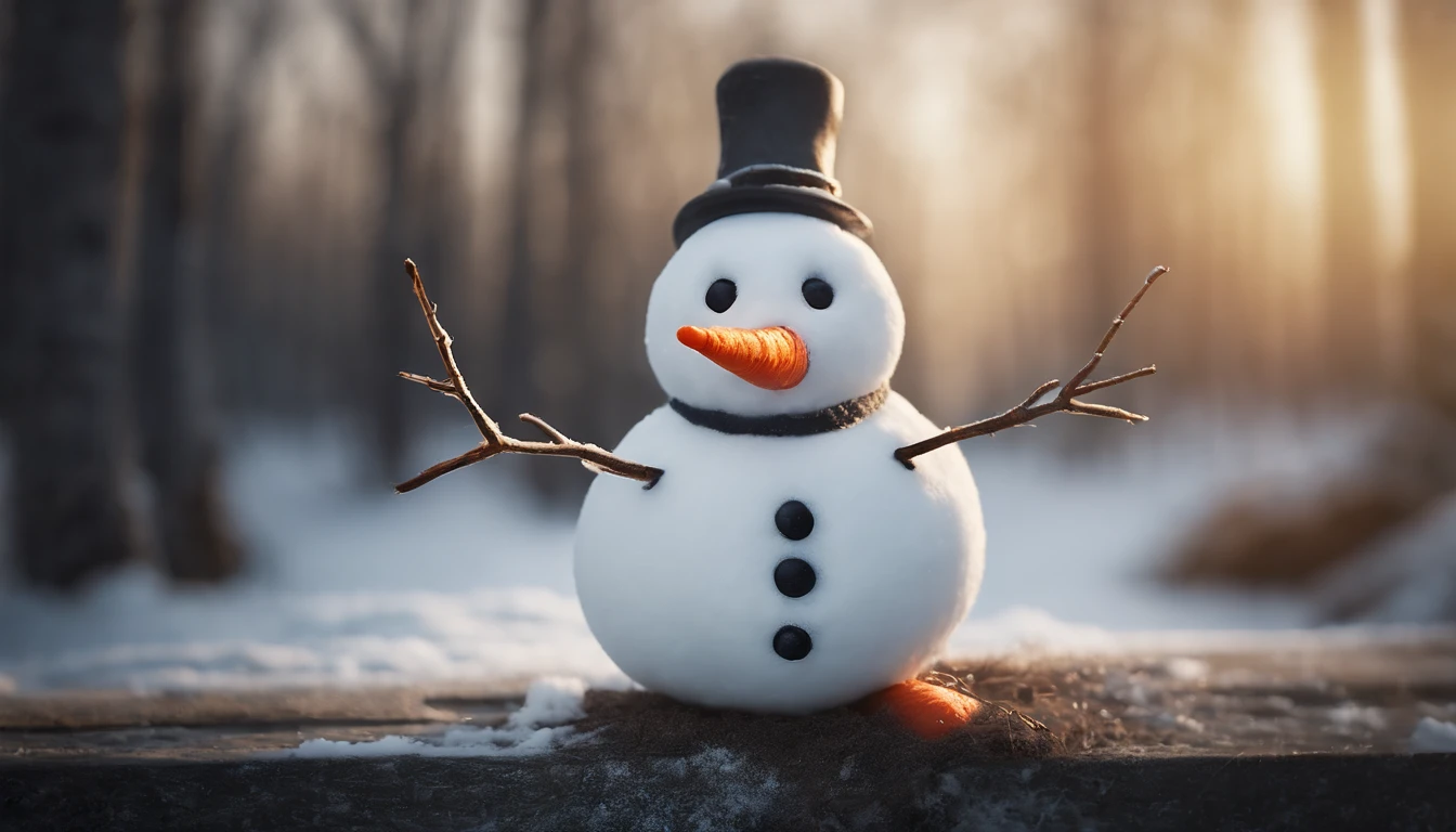 A close-up shot of a cute snowman’s coal eyes and carrot nose, with its stick arms outstretched in a welcoming gesture, creating a visually inviting and friendly image.