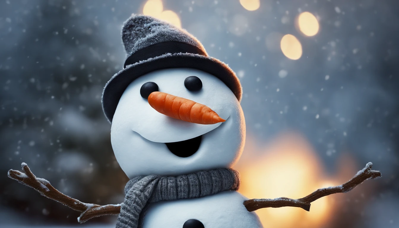 A close-up shot of a cute snowman’s coal eyes and carrot nose, with its stick arms outstretched in a welcoming gesture, creating a visually inviting and friendly image.