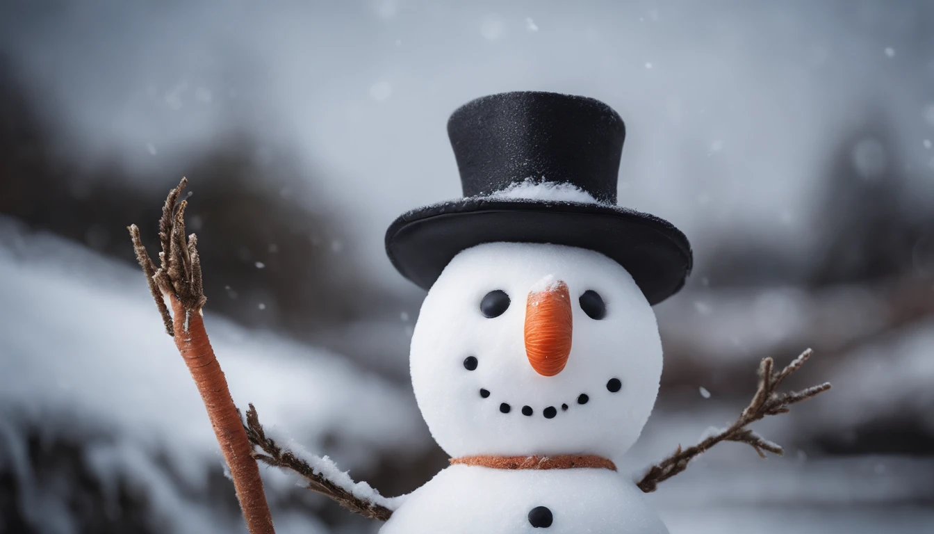 A close-up shot of a cute snowman’s coal eyes and carrot nose, with its stick arms outstretched in a welcoming gesture, creating a visually inviting and friendly image.