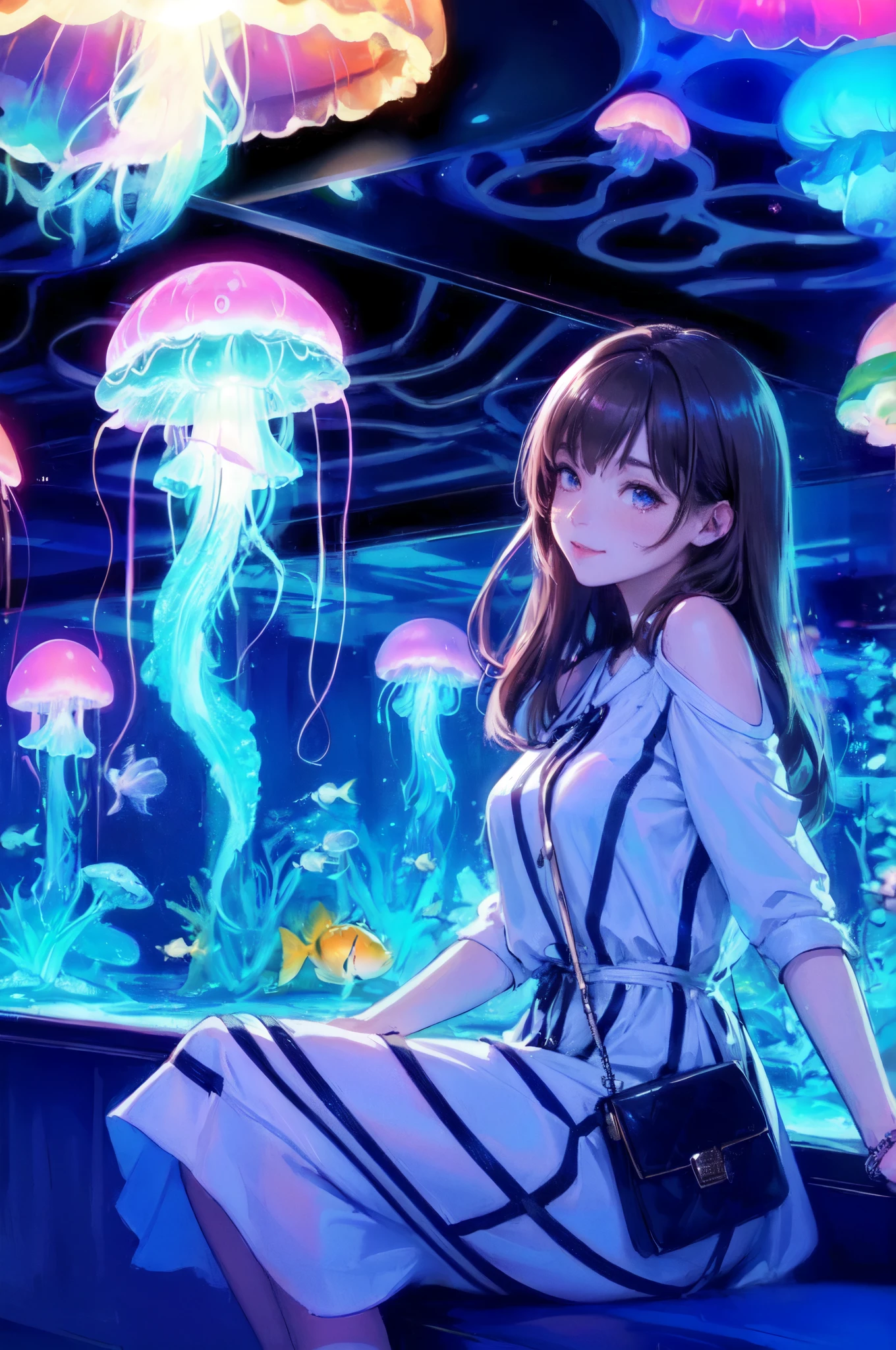 1lady solo, staring at jellyfish in the tank, /(stylish outfit/), mature female, /(black hair/) bangs, light smile, (eyes sparkling with fascination), (masterpiece best quality:1.3) delicate illustration ultra-detailed BREAK (jellyfish glowing neon under the black light) BREAK (dimly lit room of an aquarium indoors)