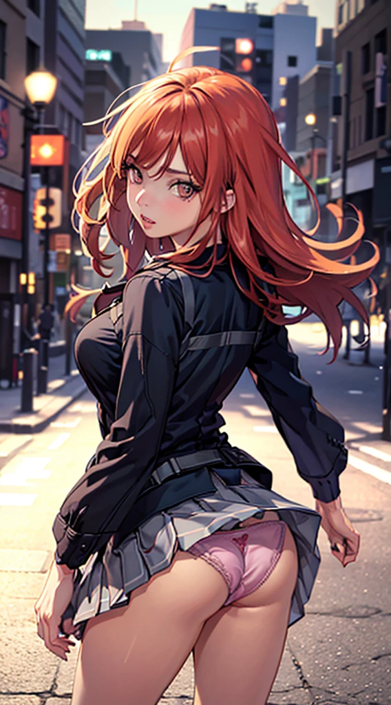 Nsfw,medium long bob, 1girl in、big boobs, (Super beautiful)、(beauitful face:1.5)、Japanese high school girl、(Back view)、(is standing)、(Full body shot)、(Show me your ass:1.3)、with spreading legs、(Face turns around:1.3)、(Looking at the camera)、(A detailed face:1.8)、(A detailed eye:1.5)、(Detailed lips:1.5)、(Detailed nose:1.5)、(Sky from below:1.1)、(Showing white panties:1.2)、(plaid skirts:1.2)、(Sidewalks in Shibuya)、(At SFW:1.3)