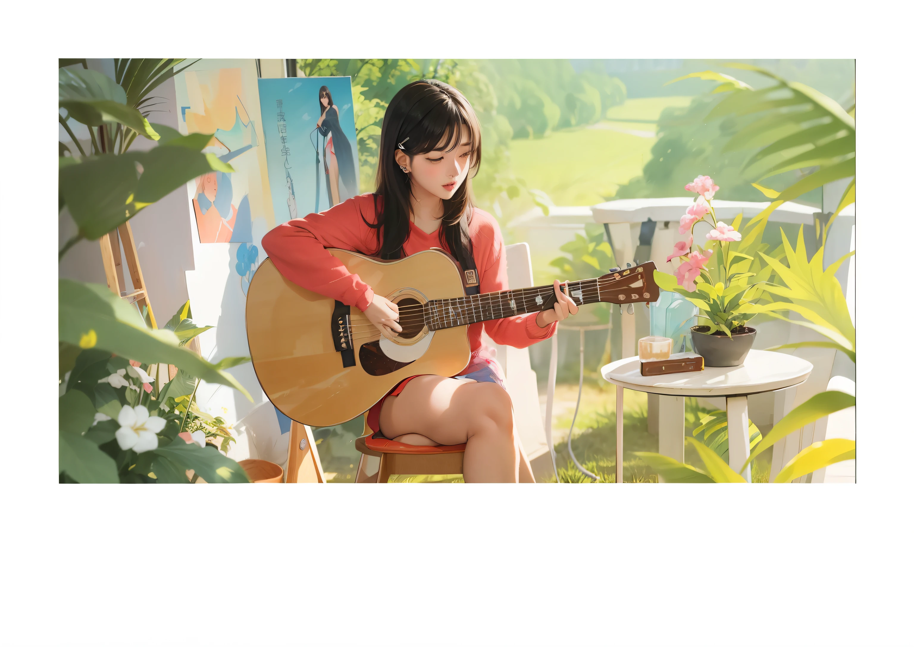 There's a woman sitting on a chair playing the guitar, em estilo de atey ghailan, playing the guitar, the girl plays the guitar, playing the guitar, inspirado em Atey Ghailan, Arte no estilo de Guweiz, Artgerm e Atey Ghailan, menina lofi, mulheres tocando guitarra, pintado em anime painter studio