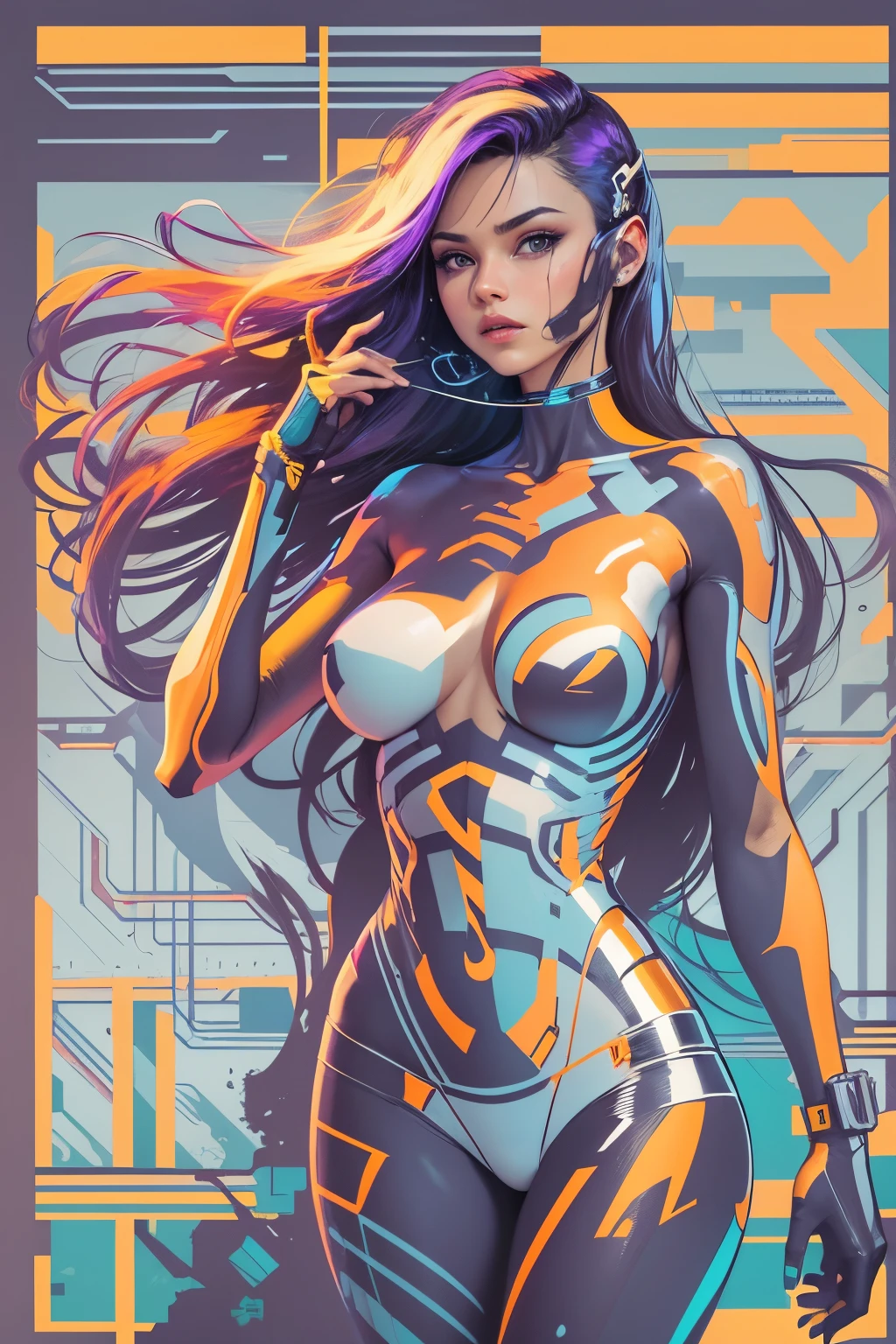 masterpiece, poster, dinamic composition, prospective grid, graphic design t-shirt, flat design, futuristic cyberpunk, girl in mix of tones, perfect body, goddess, shining skin, topless, sexy body, topless, flashing tits, natural tits, metal skin, metal nipples, laser beams, purple emissive eyes, colorful tones, clean highly detailed, vector image, smoke explosion, simple background, flat white background, vibrant composition, dinamic, bright vector ((white background) )