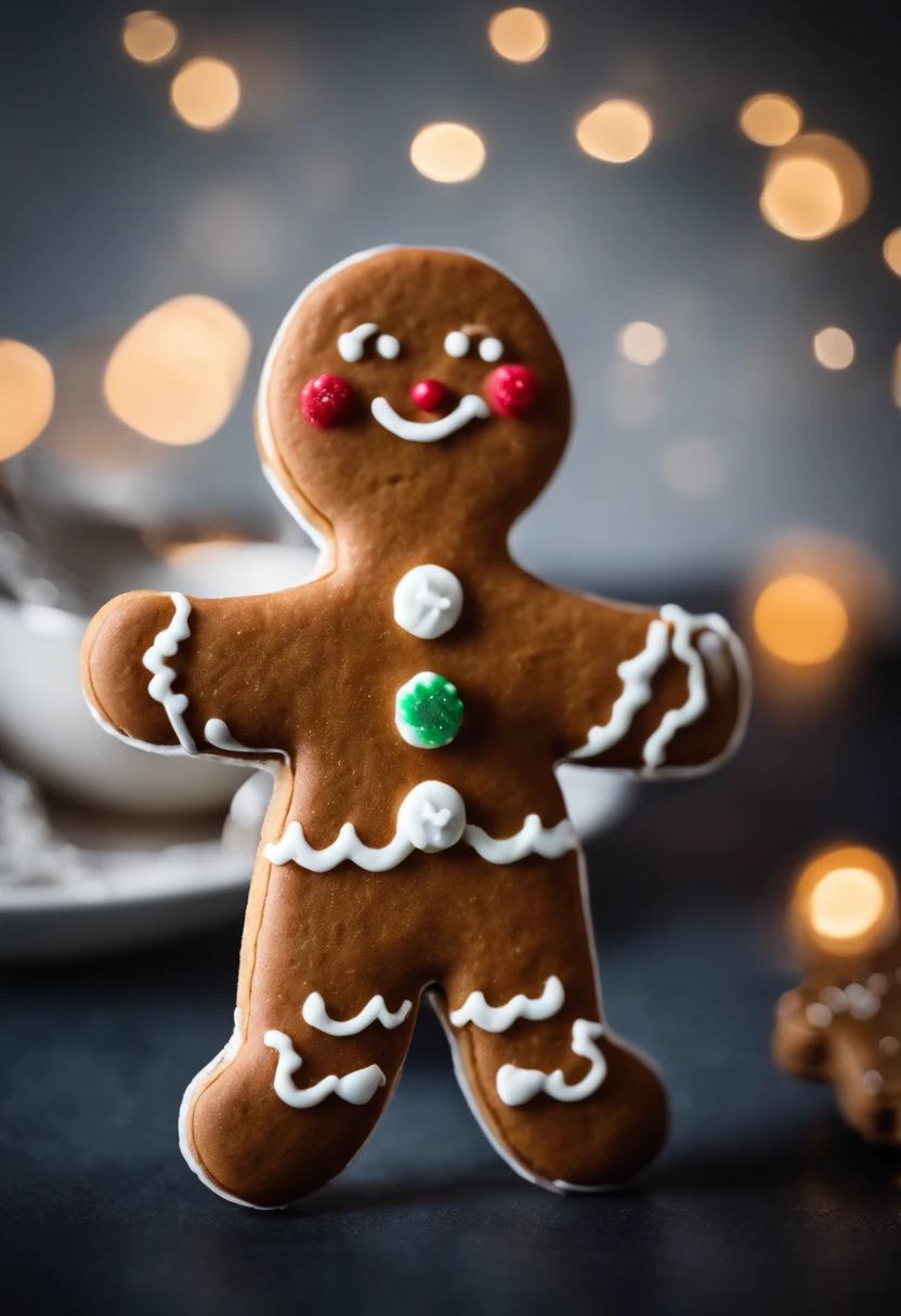 A high-resolution image of a cute Christmas gingerbread man cookie with icing details, showcasing its adorable and festive design.