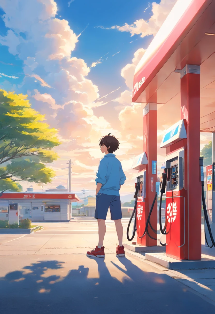 highest quality,ultra clear details,20-year-old man happily filling up at red gas station,with blue sky and white clouds,Bright colors,Golden tree,white backgrounid,low-saturation